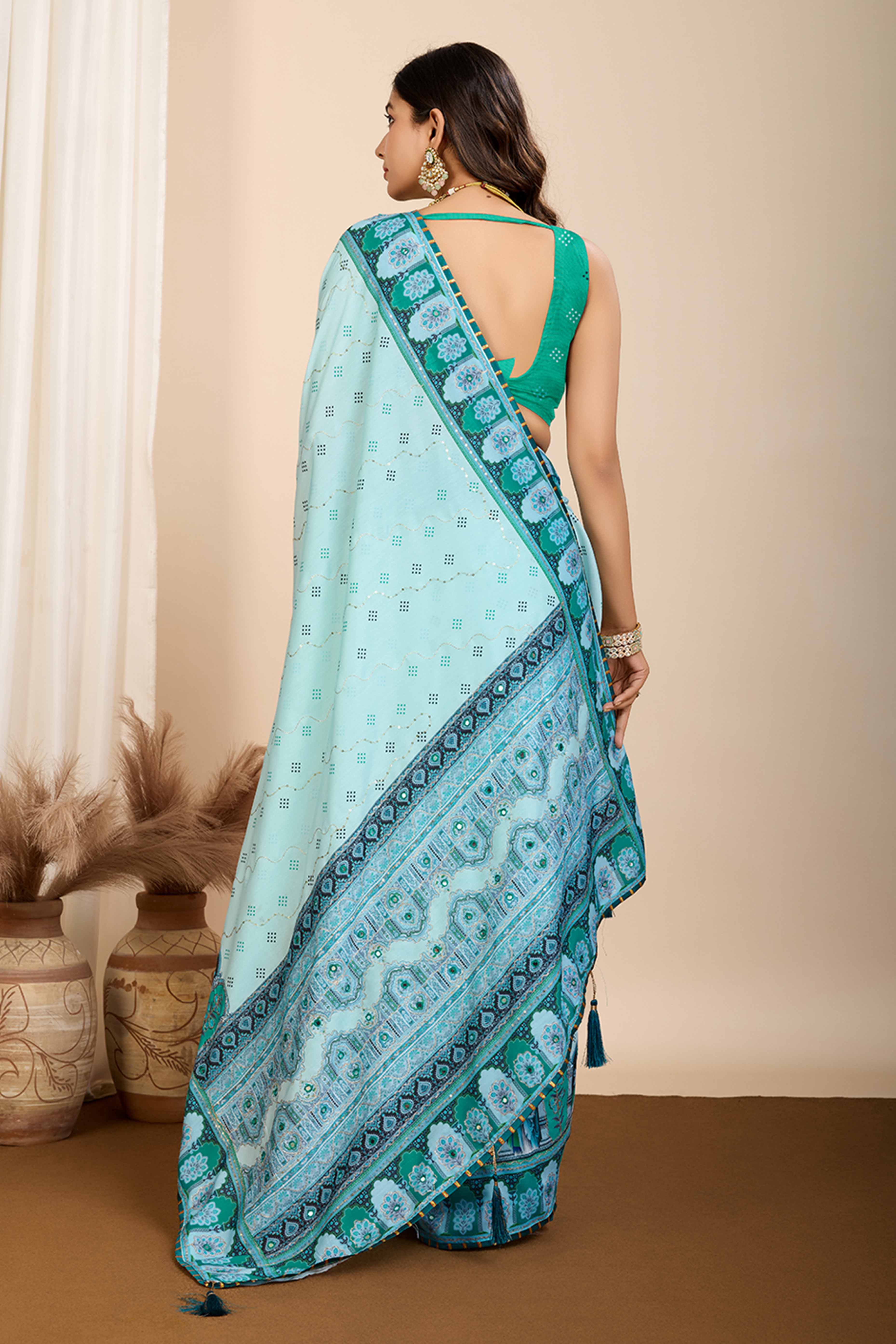 Sky Blue Digital Print with Embroidery Work Muslin Saree