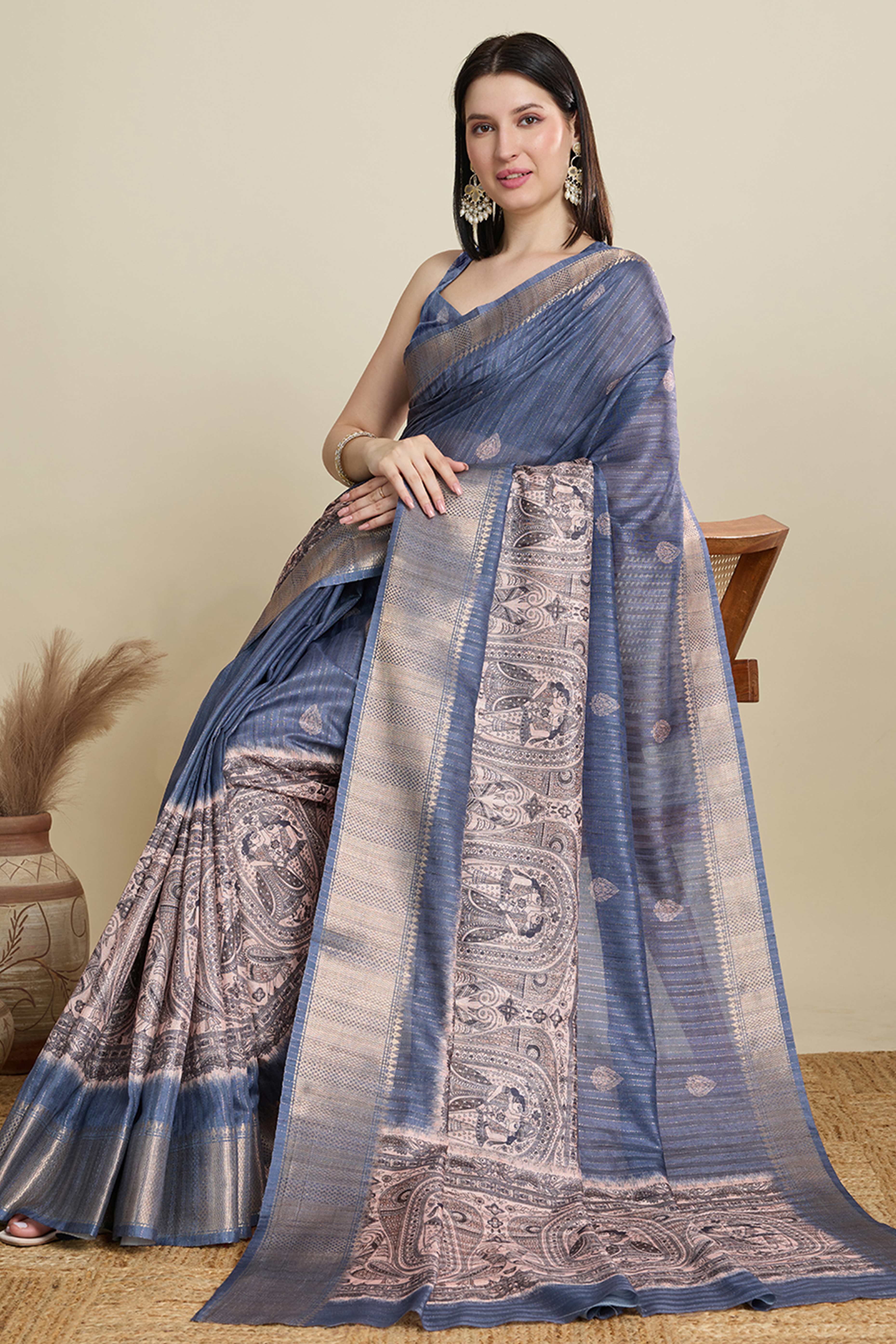 Blue Cotton Blend Saree Featuring Floral Prints and a Festive Zari Border Accent