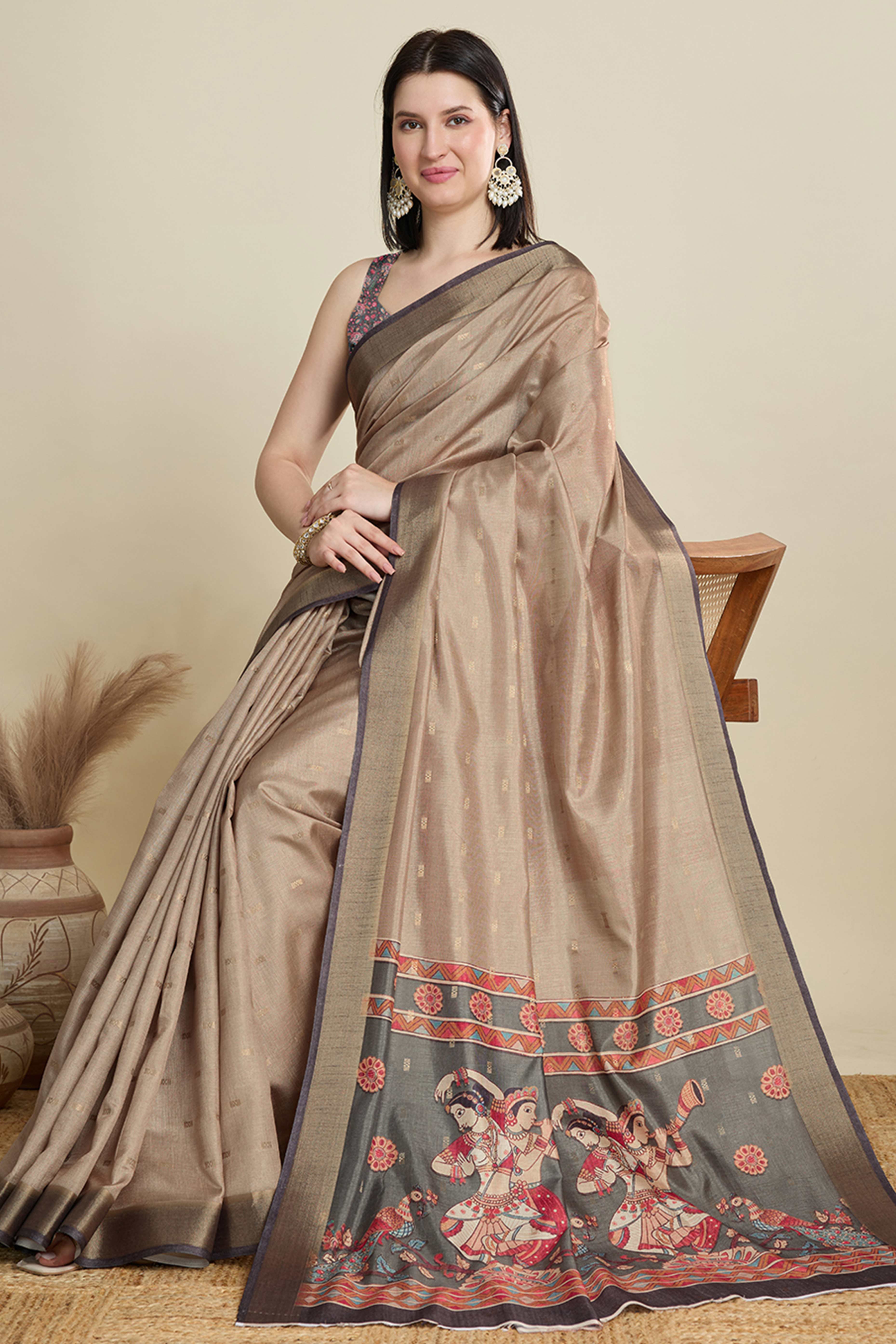 Beige Cotton Blend Saree with Traditional Weaving Butti Work and Gleaming Zari Border