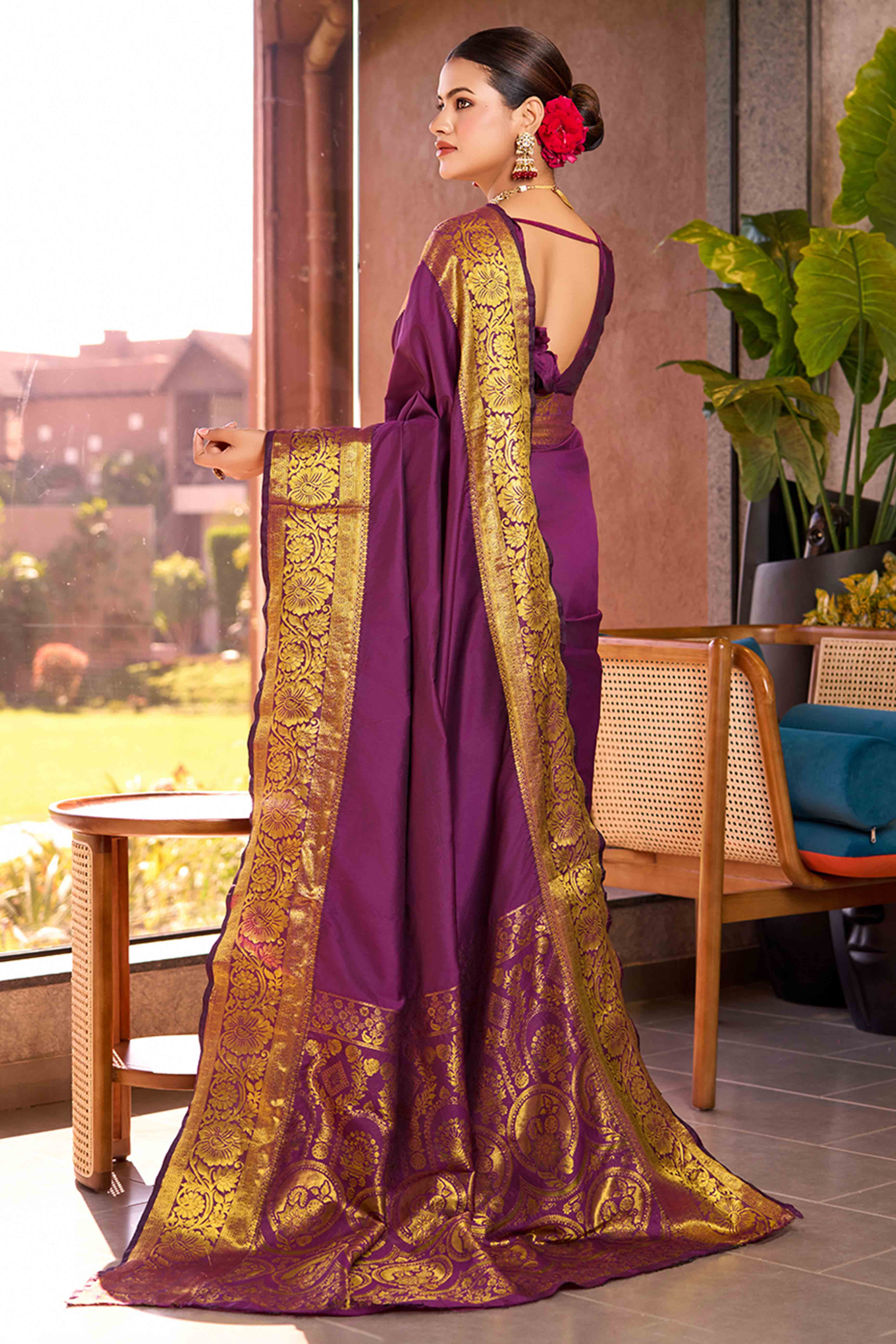 Let Your Style Shine With Purple Floral Woven Pure Silk Saree