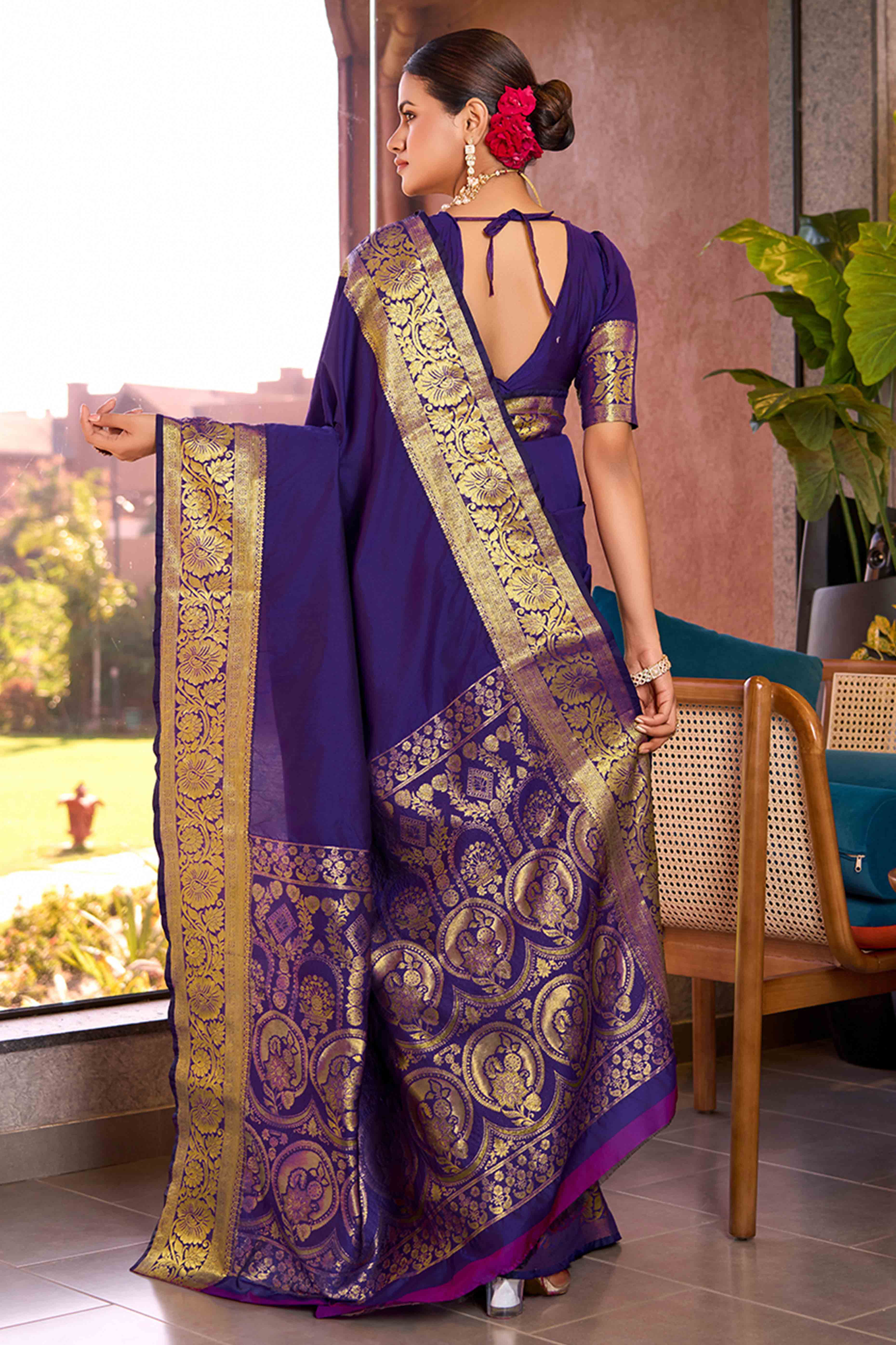 Celebrate Heritage With Majorelle Blue Floral Woven Pure Silk Saree