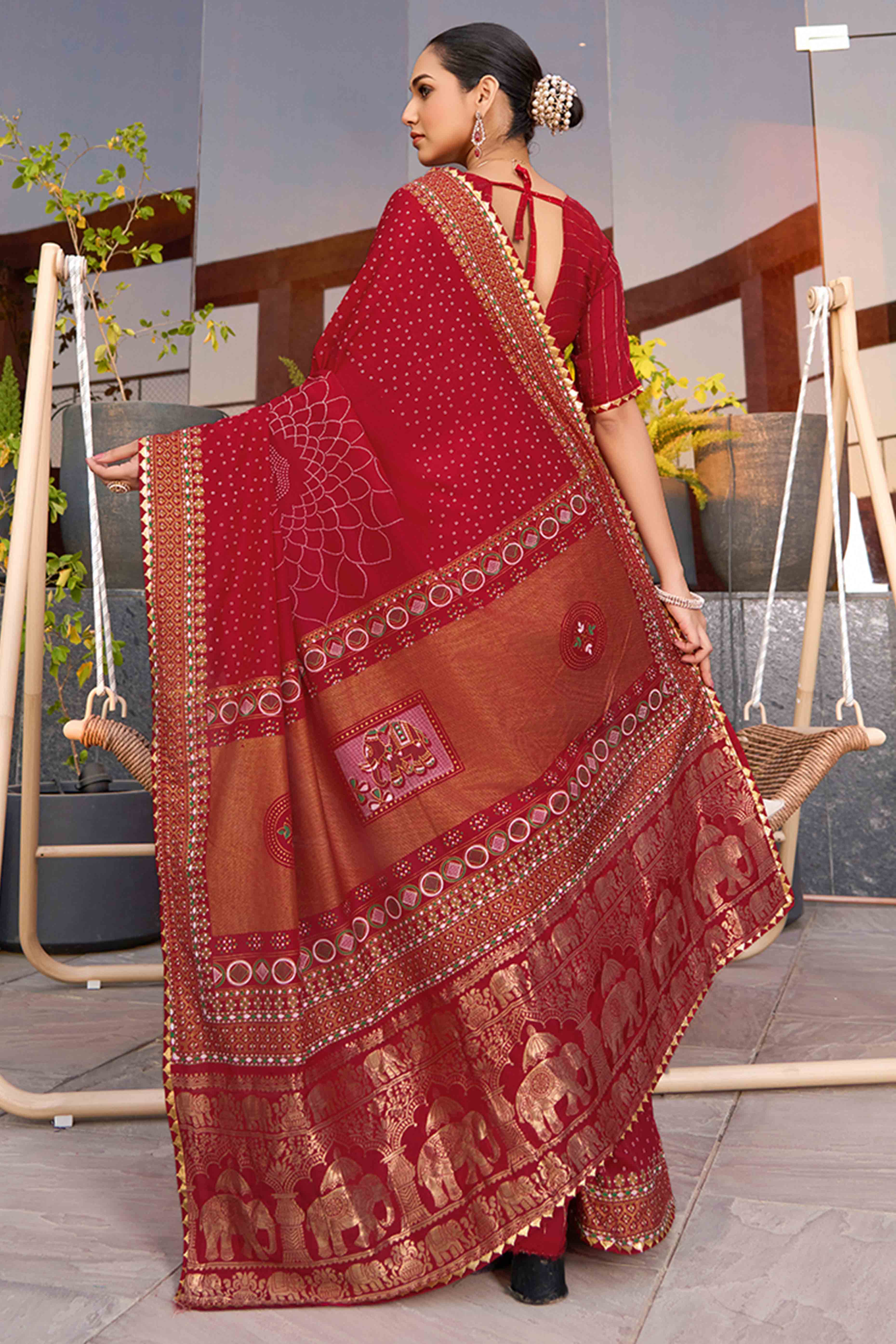 Celebrate Heritage With Red Bandhani Foil Printed Cotton Silk Sarree With Lace Border