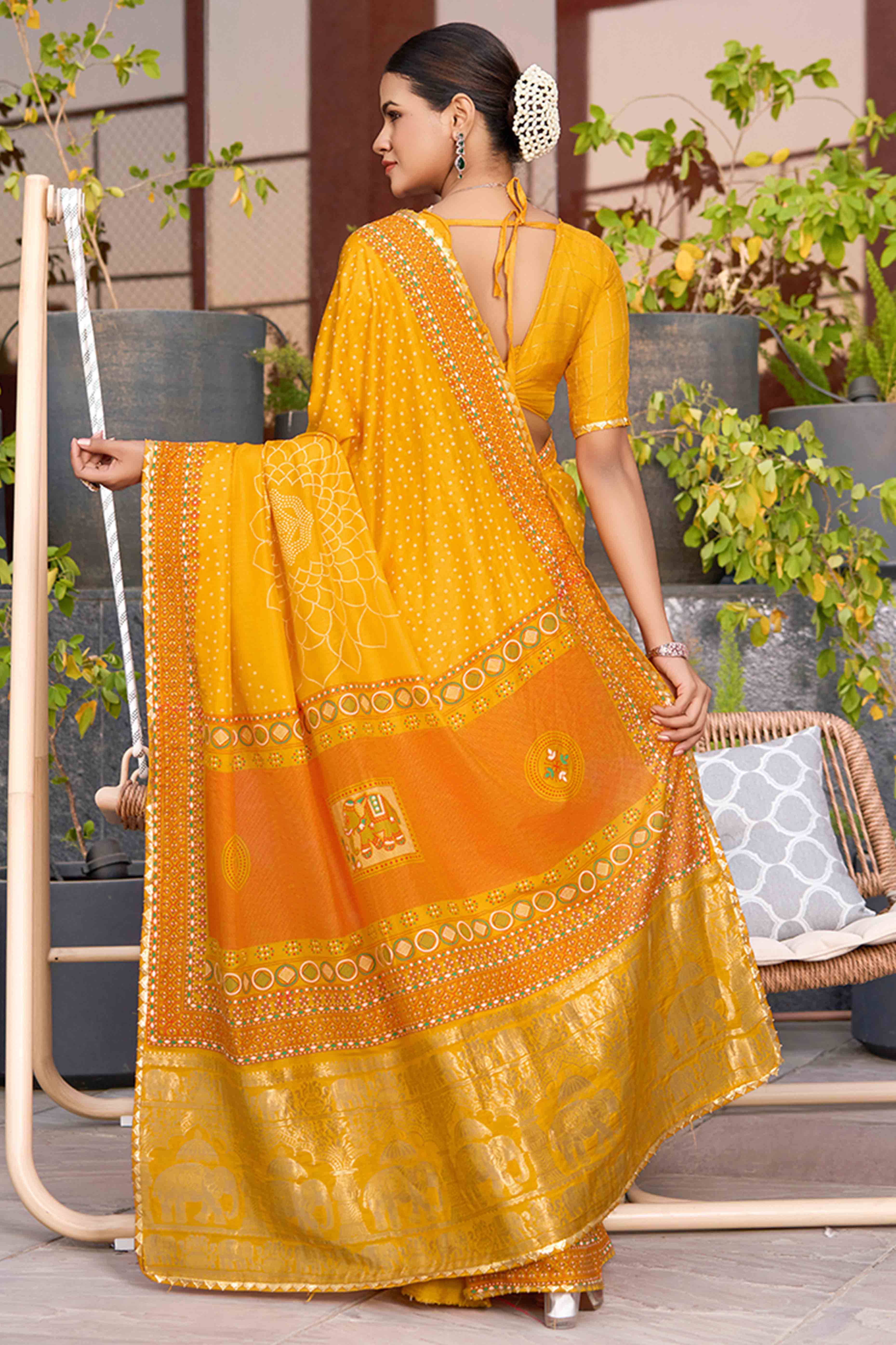 Feel The Luxury Of Mustard Bandhani Foil Printed Cotton Silk Sarree With Lace Border