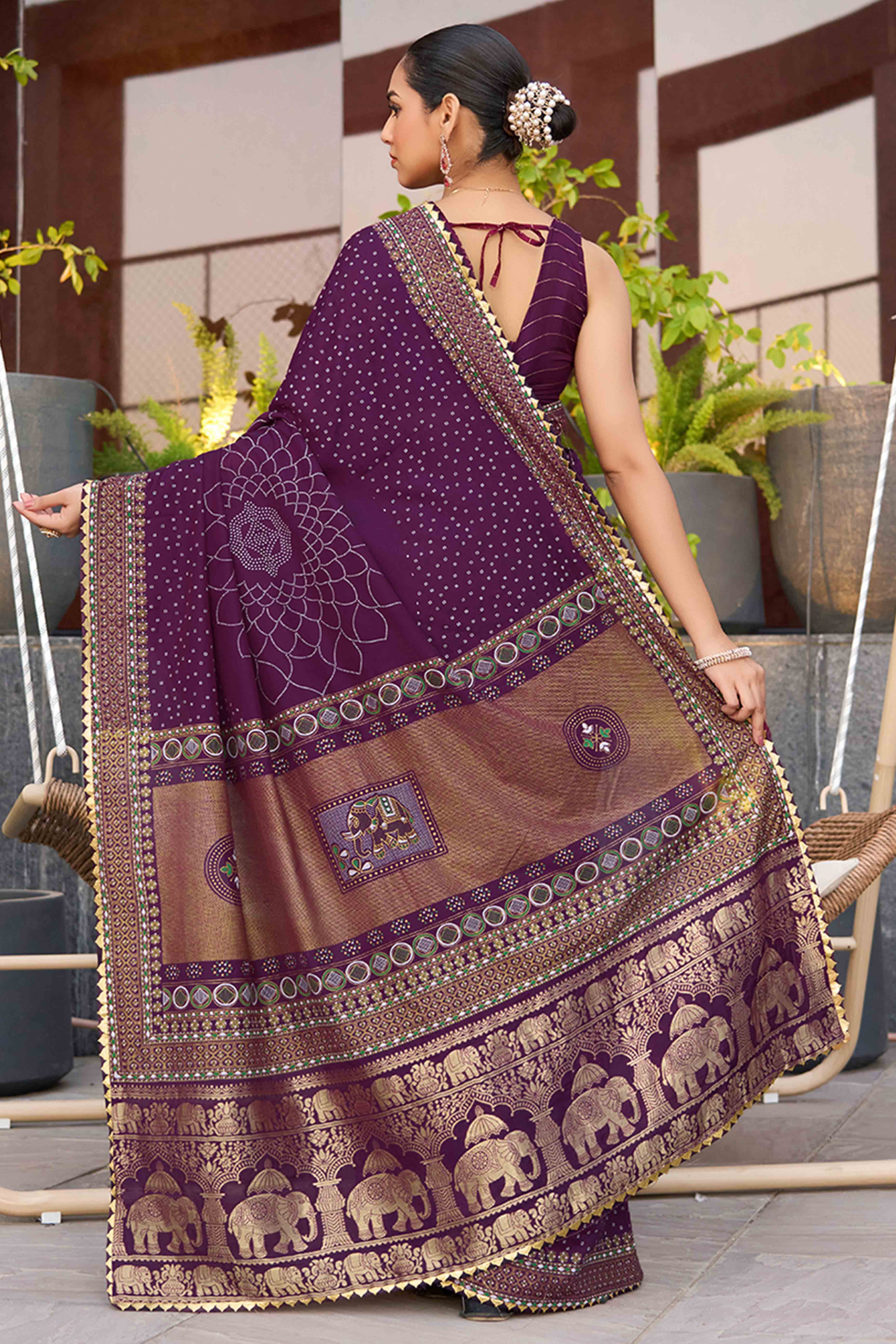 Experience Timeless Beauty With Wine Bandhani Foil Printed Cotton Silk Sarree With Lace Border
