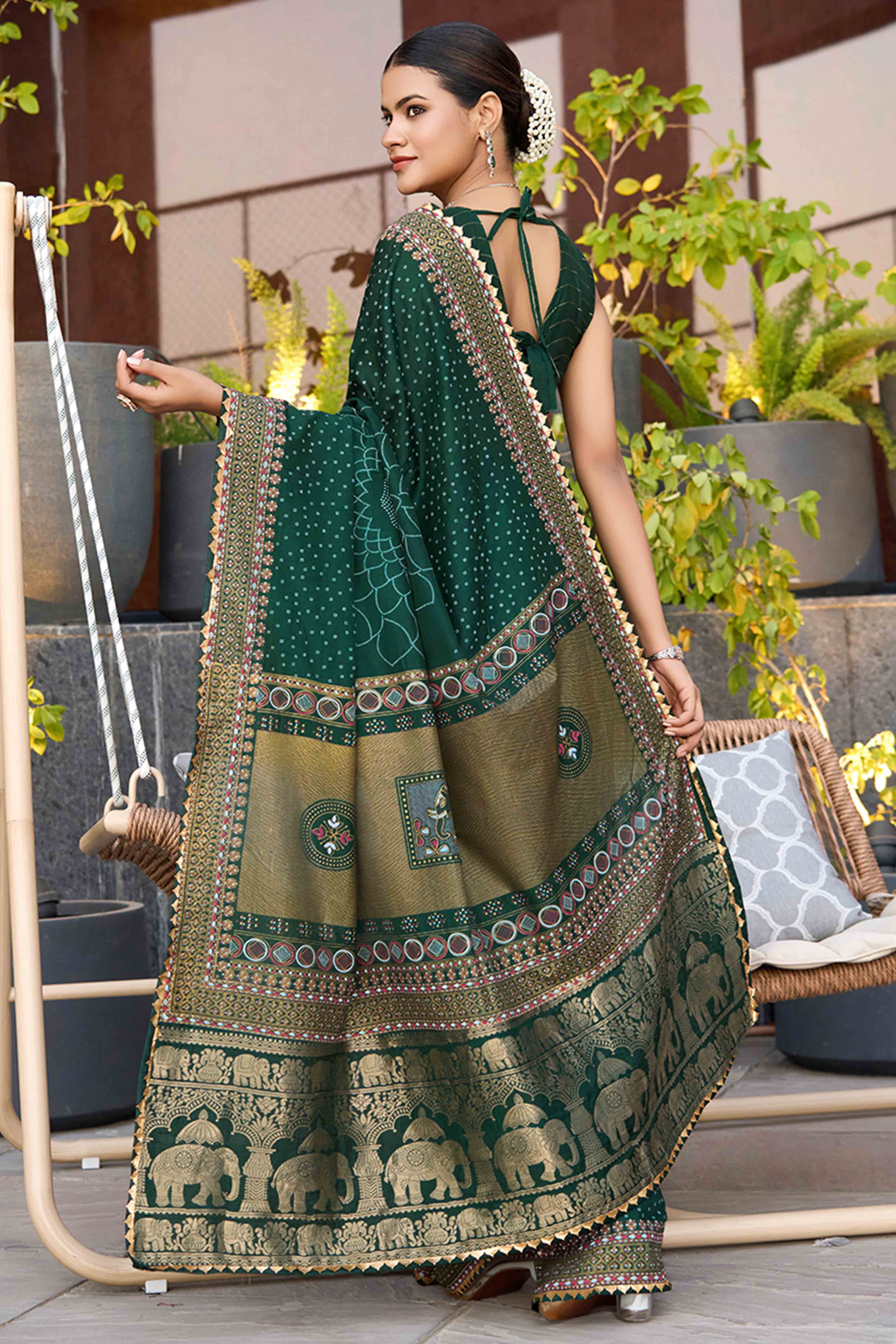 Let Your Style Shine With Green Bandhani Foil Printed Cotton Silk Sarree With Lace Border