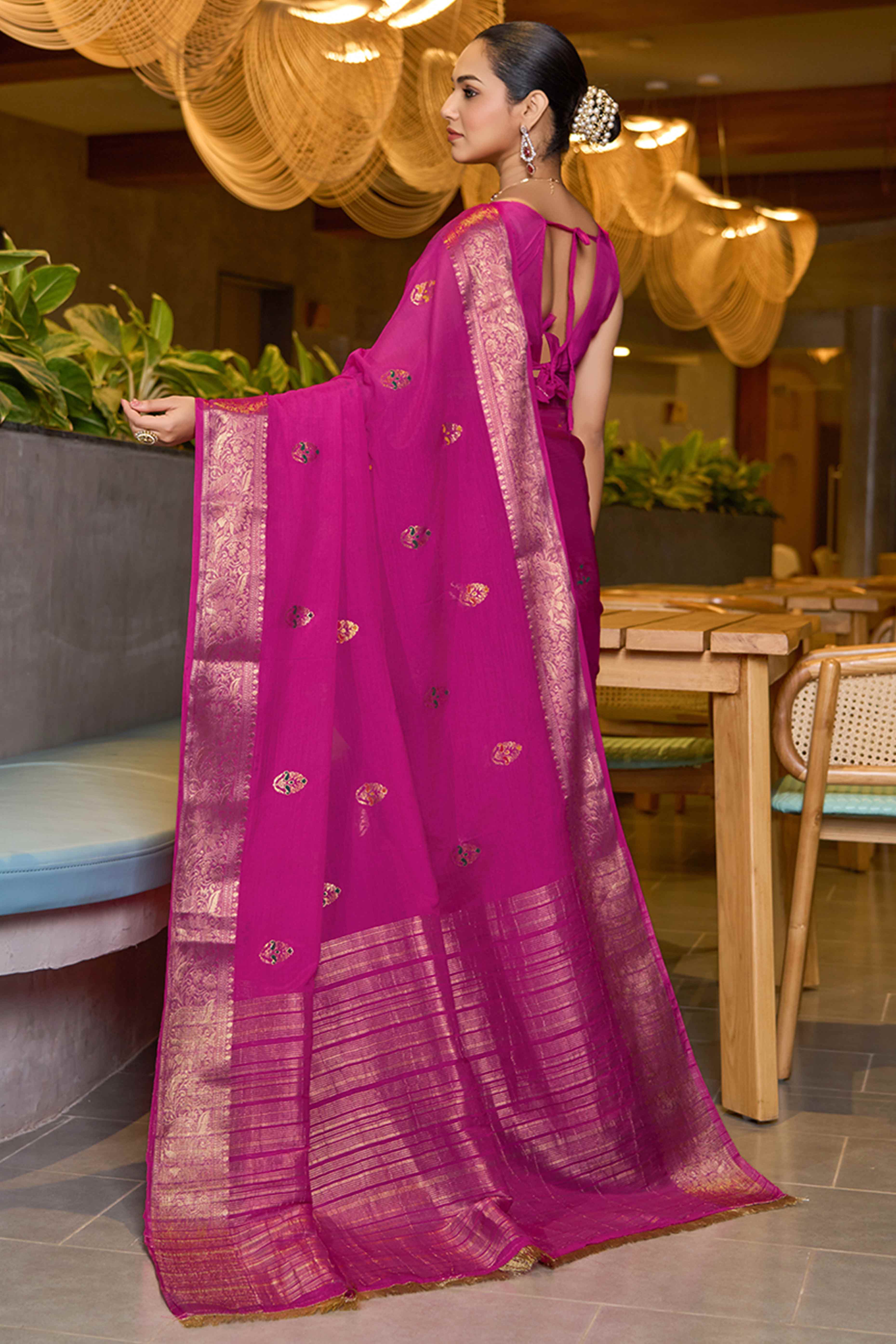 Make A Regal Statement In Pink Floral Woven Chinon Silk Saree