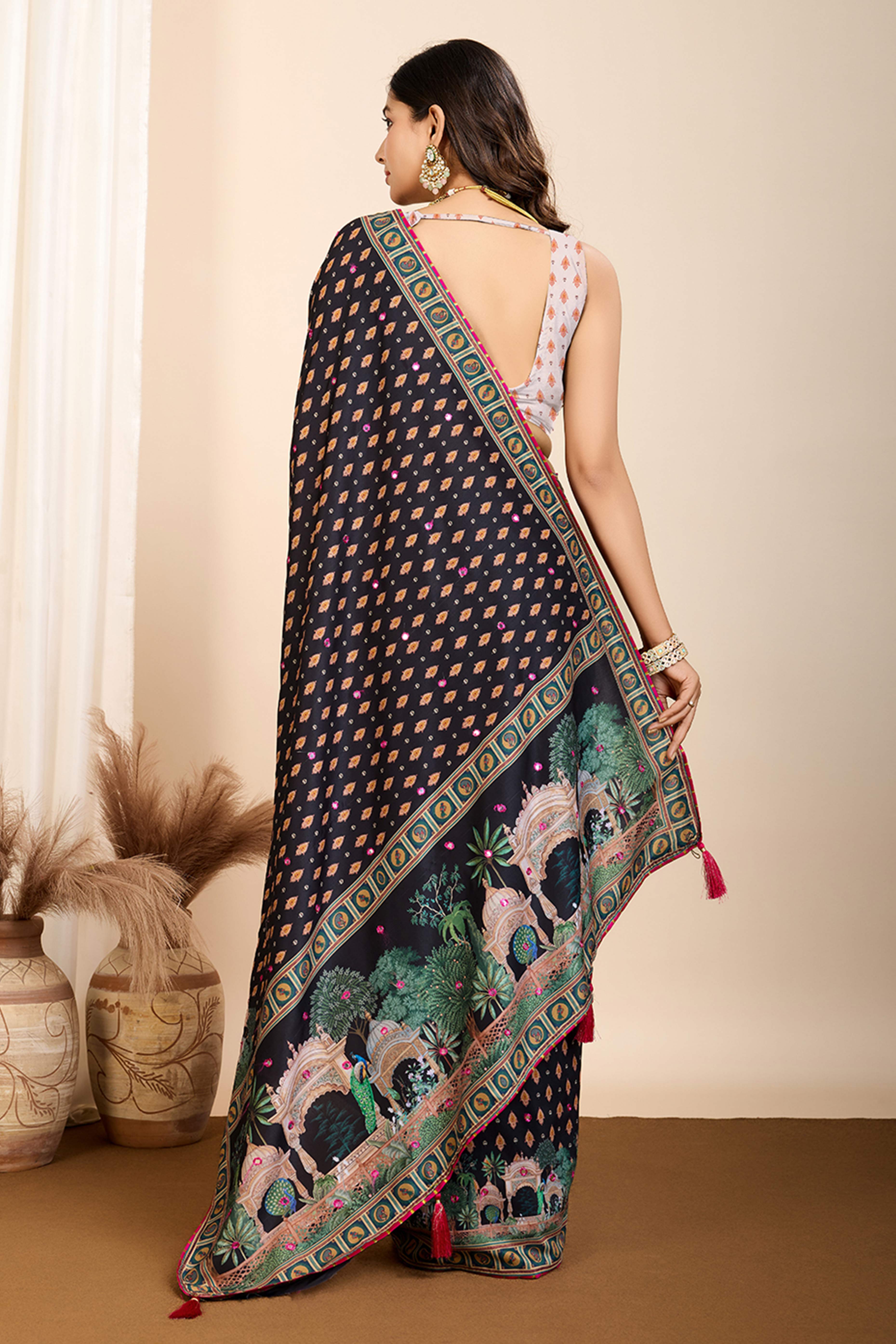 Black Mirror Work Bandhani Printed Muslin Saree