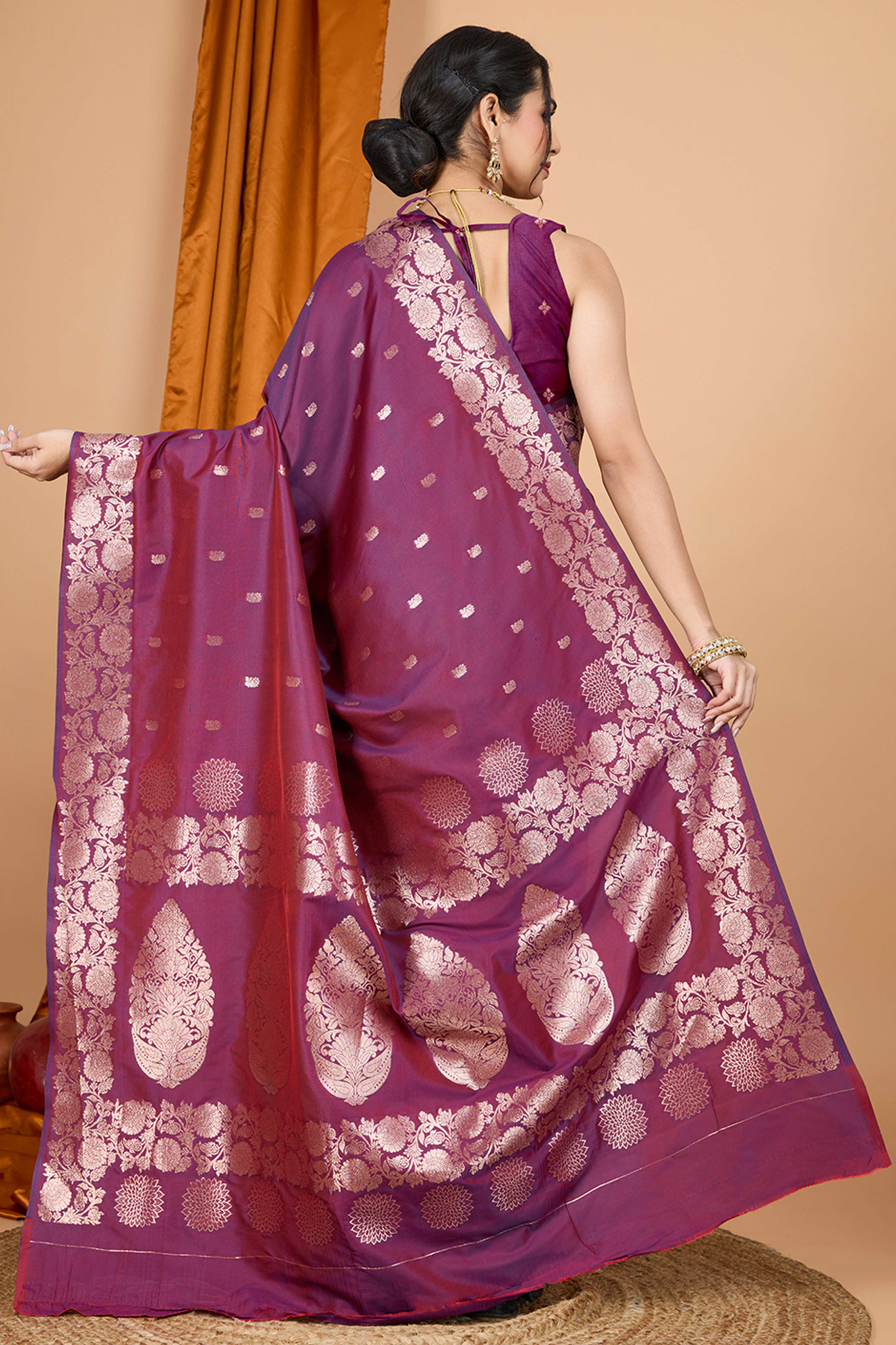 Wine Banarasi Silk Saree With Intricate Floral Zari Weaving