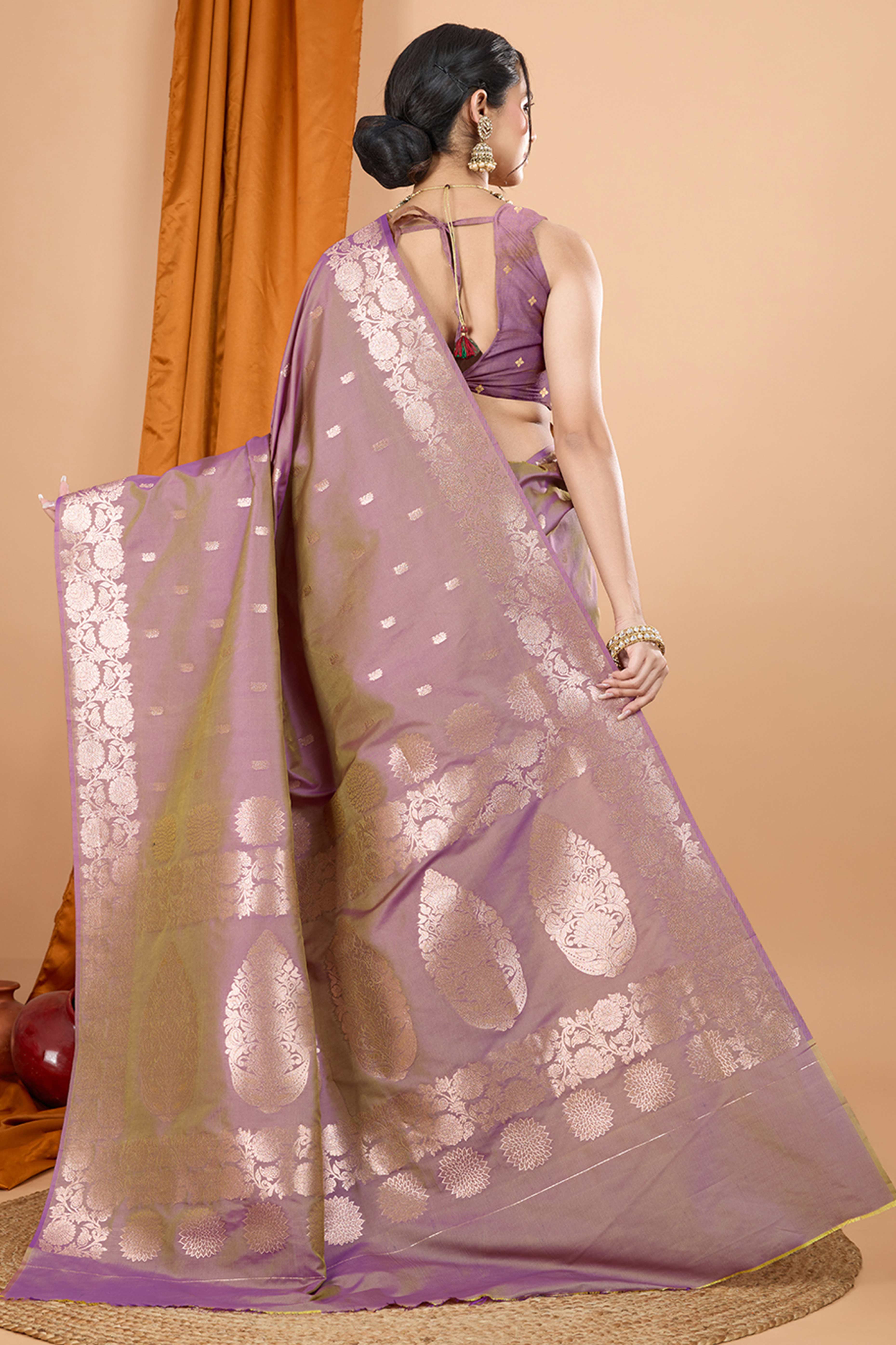 Lilac Lavender Banarasi Silk Saree With Intricate Floral Zari Weaving