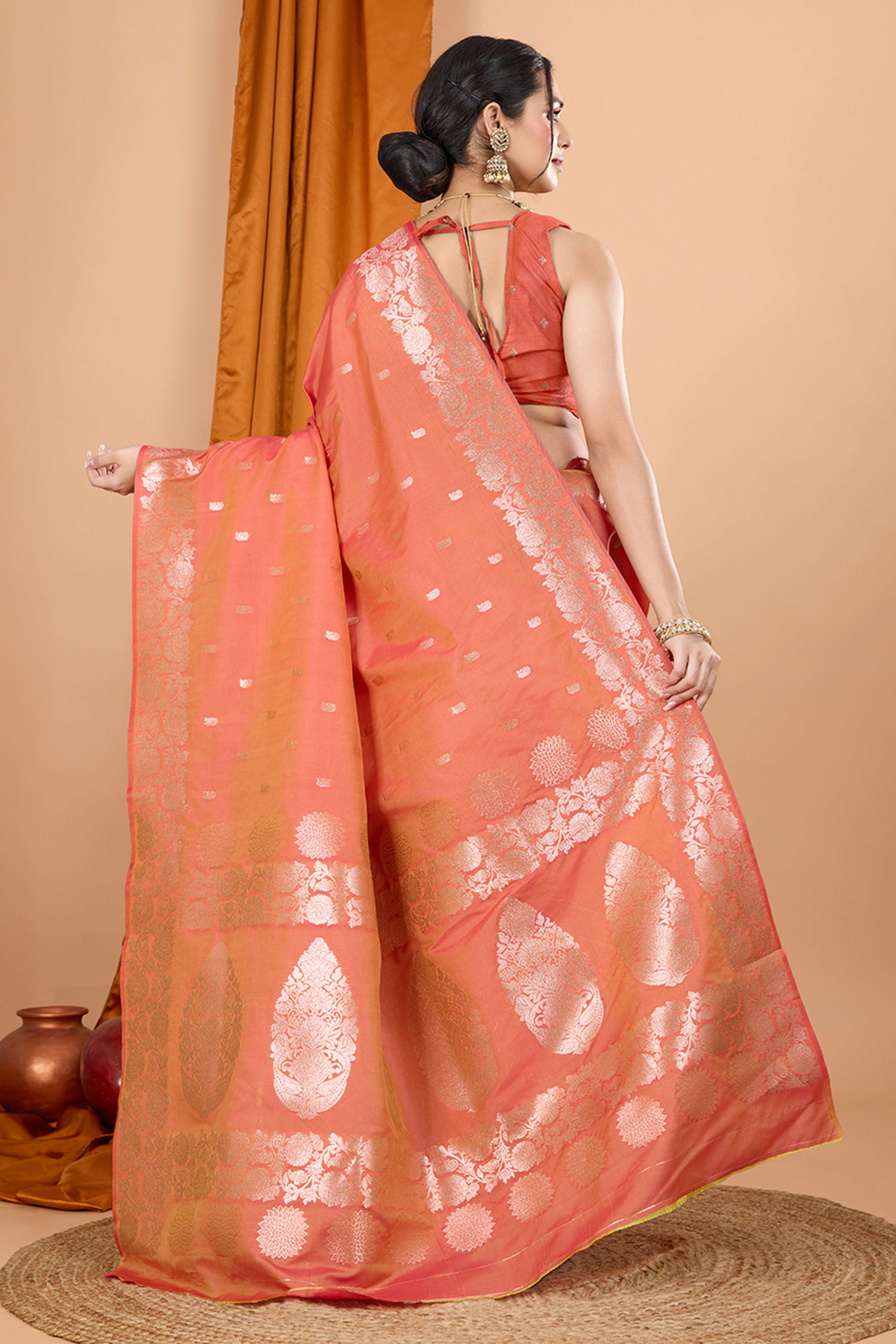 Peach Banarasi Silk Saree With Intricate Floral Zari Weaving