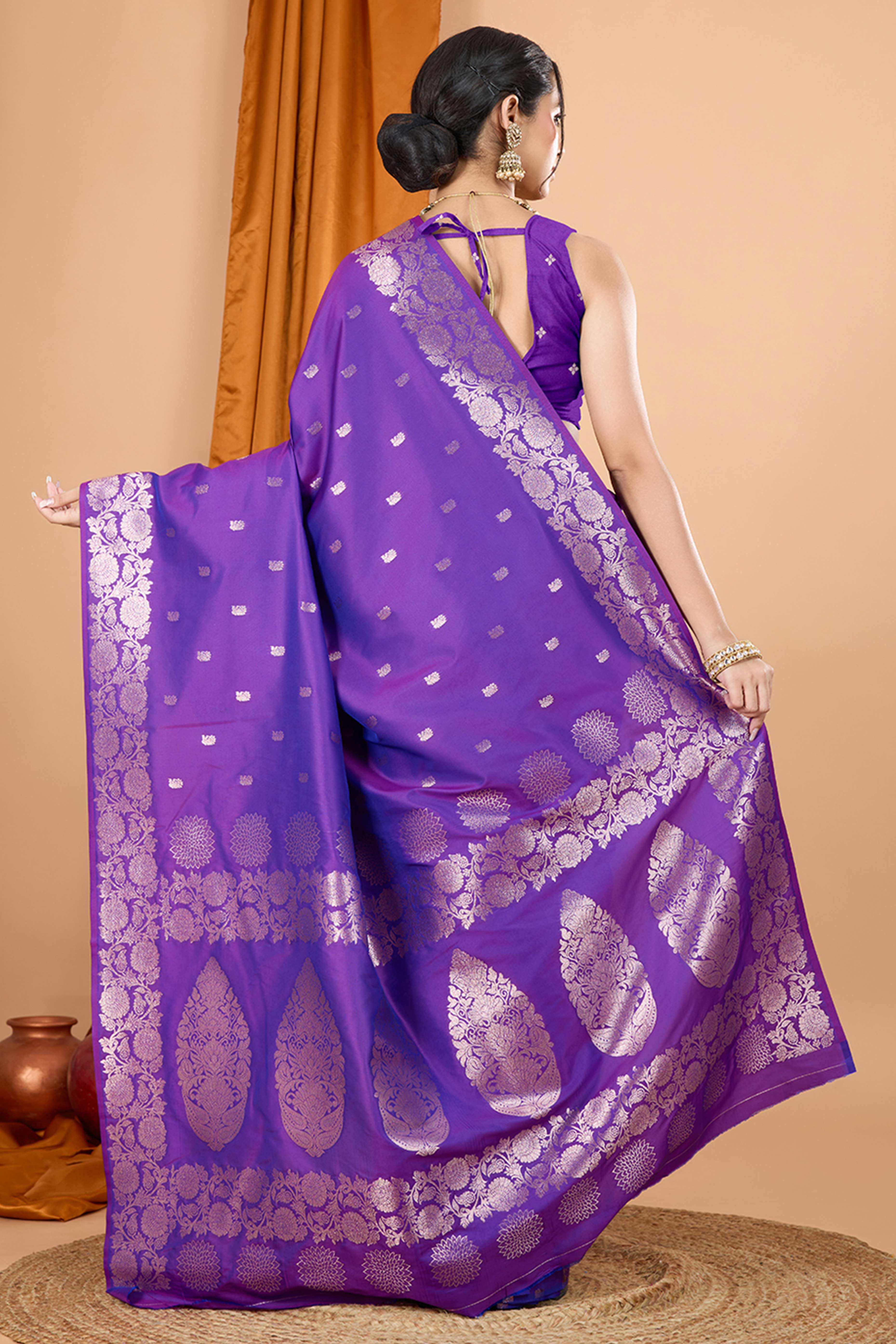 Violet Banarasi Silk Saree With Intricate Floral Zari Weaving