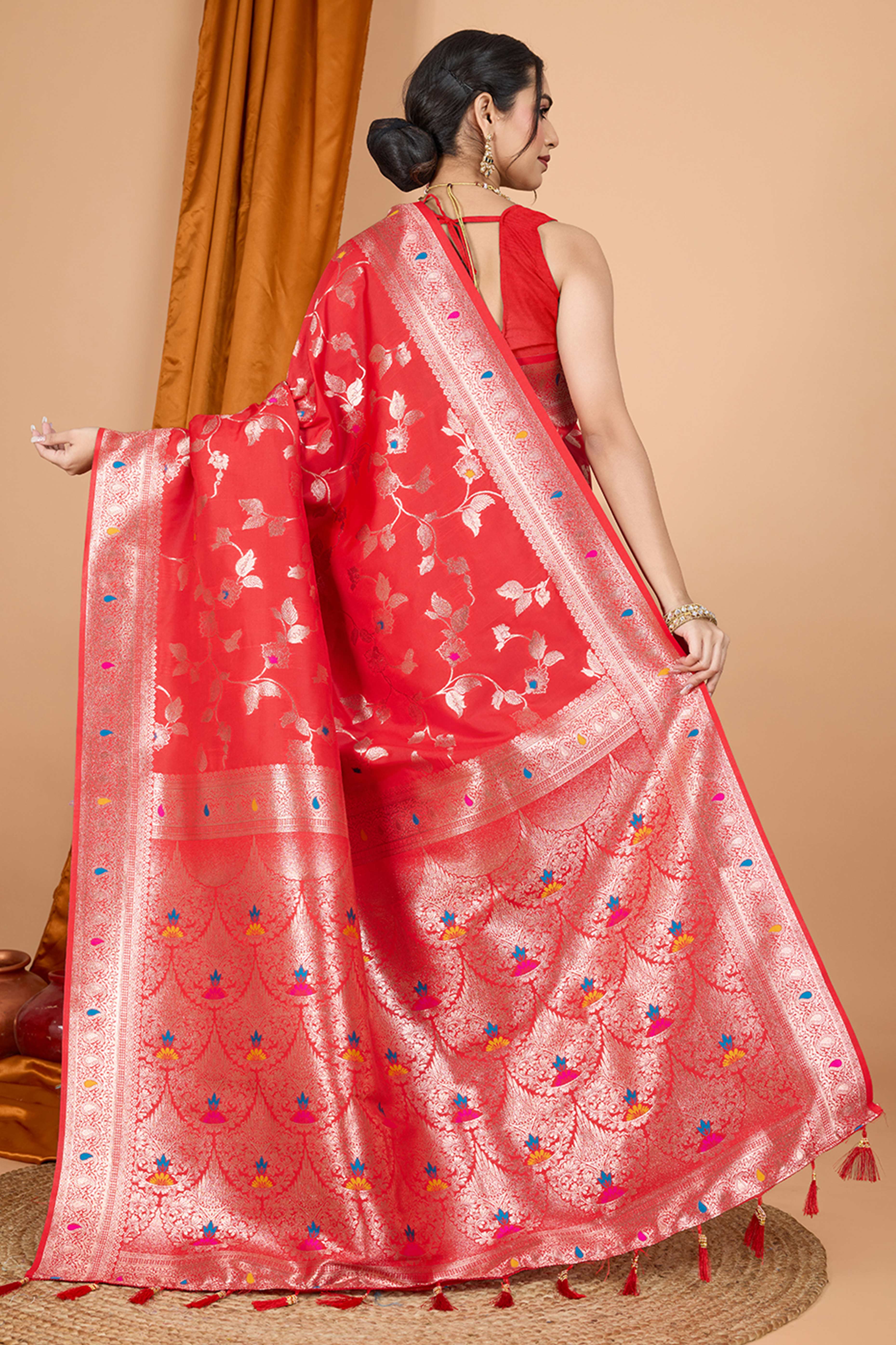 Red Banarasi Silk Saree With Exquisite Floral Zari Weaving and Elegant Tassels