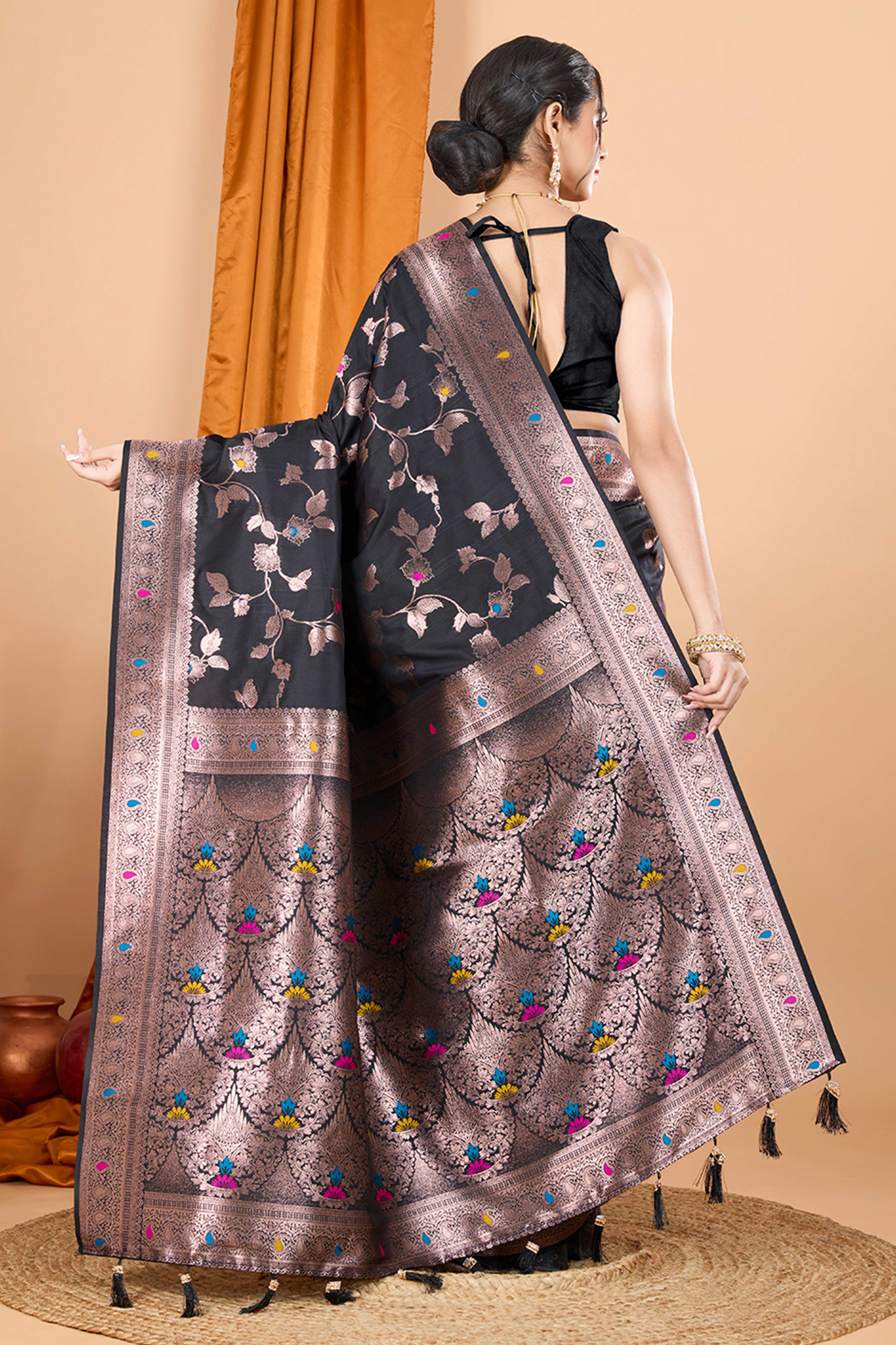 Black Banarasi Silk Saree With Exquisite Floral Zari Weaving and Elegant Tassels