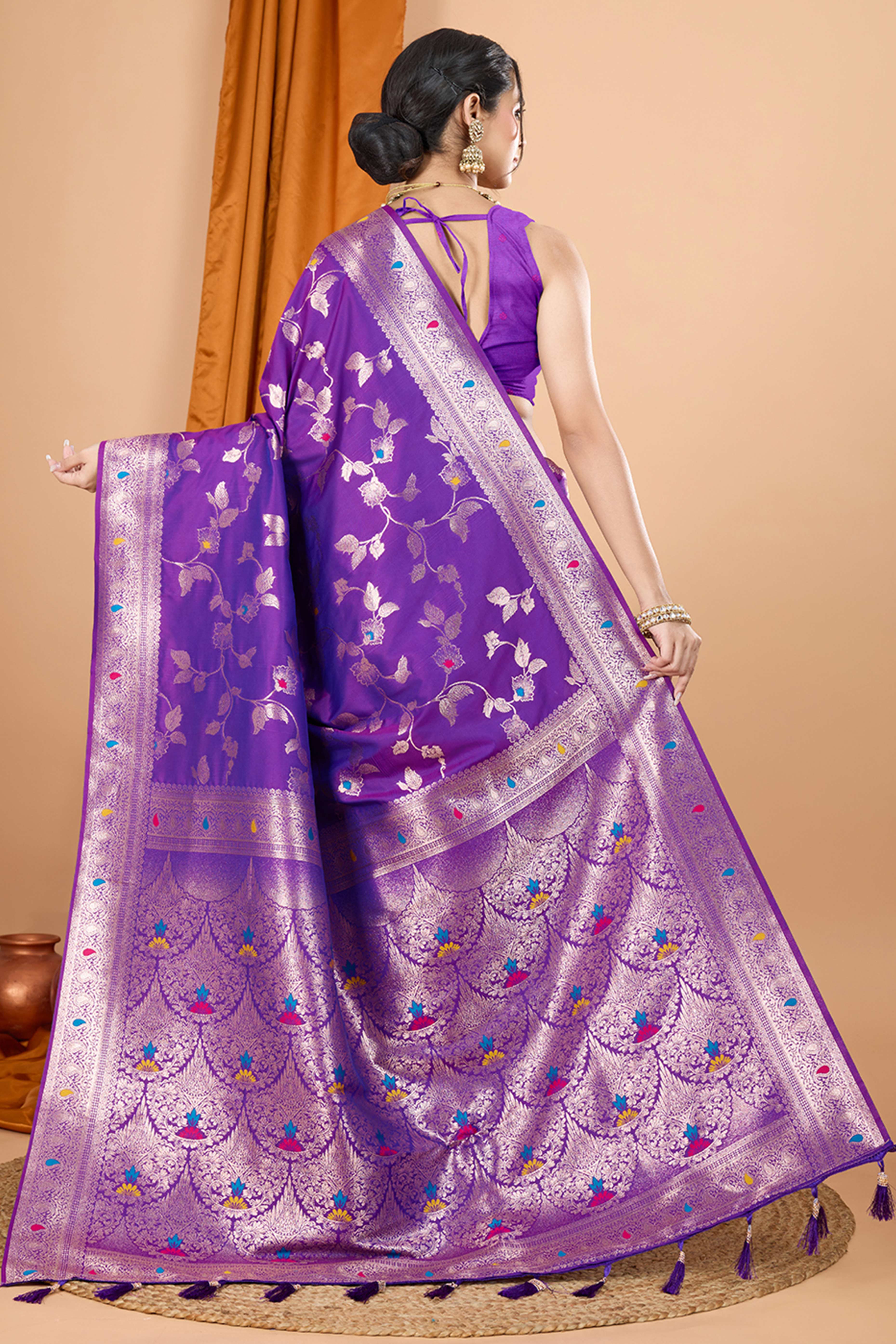 Violet Banarasi Silk Saree With Exquisite Floral Zari Weaving and Elegant Tassels