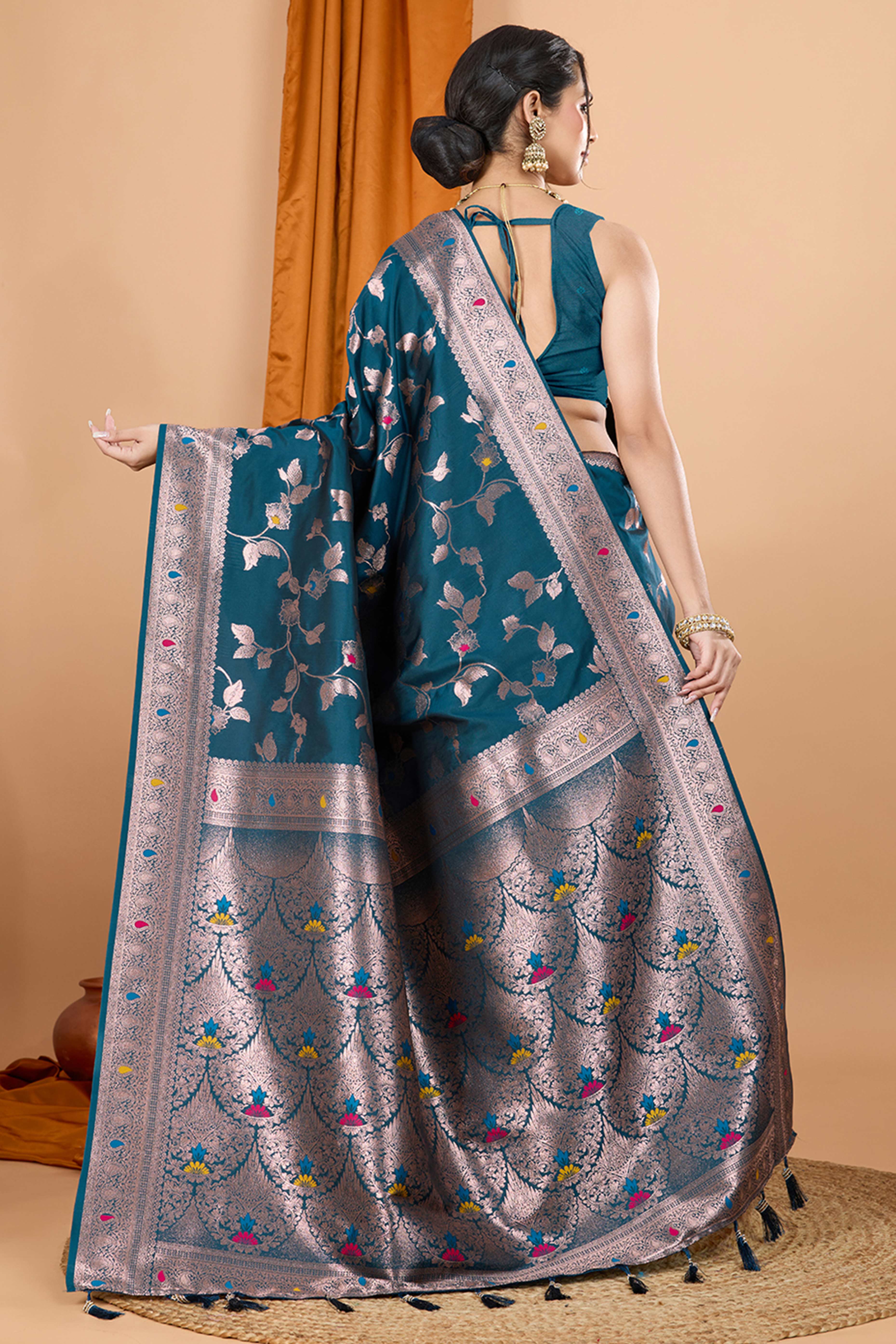Teal Banarasi Silk Saree With Exquisite Floral Zari Weaving and Elegant Tassels