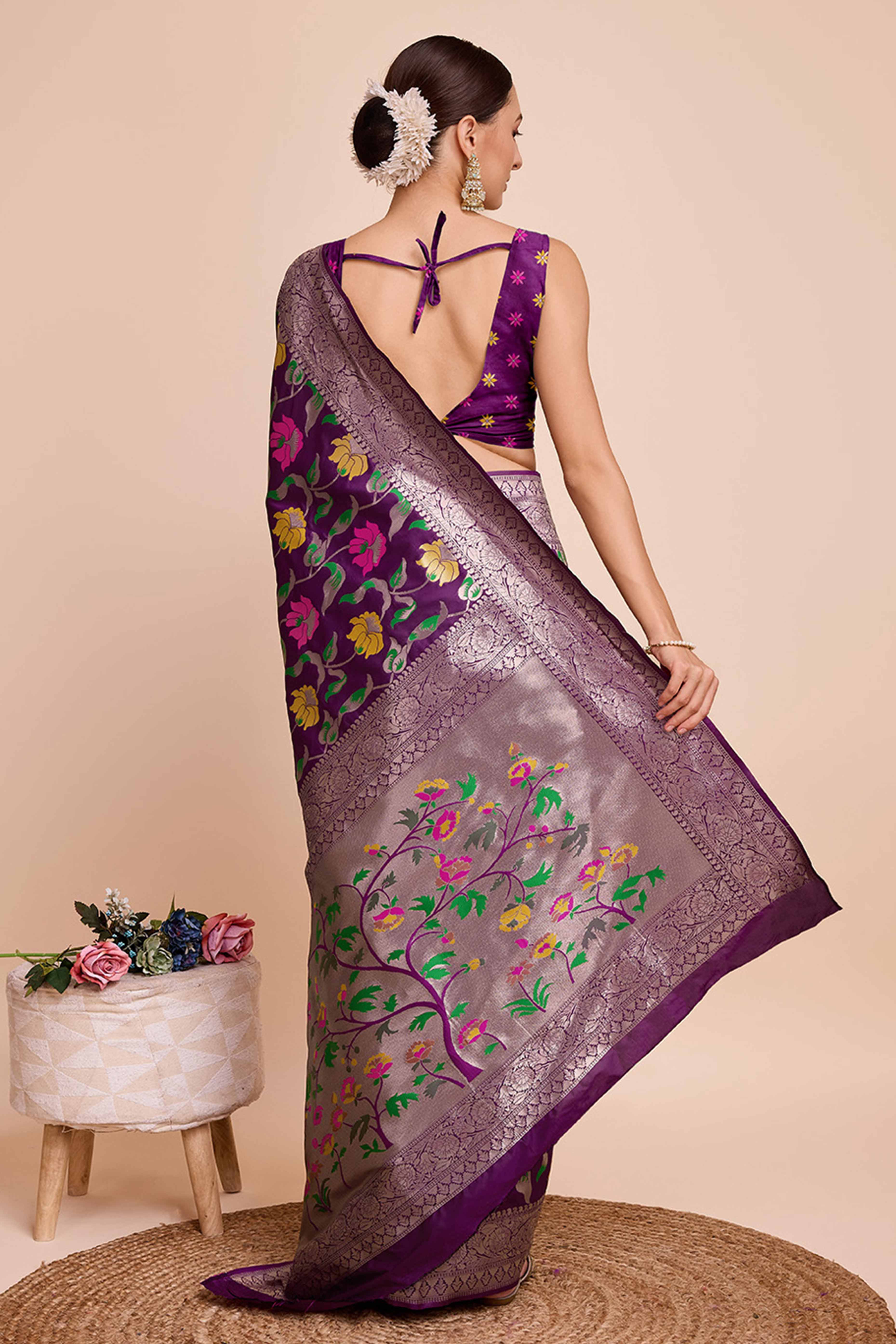 Wine Floral Zari Weaving Pure Silk Paithani Saree