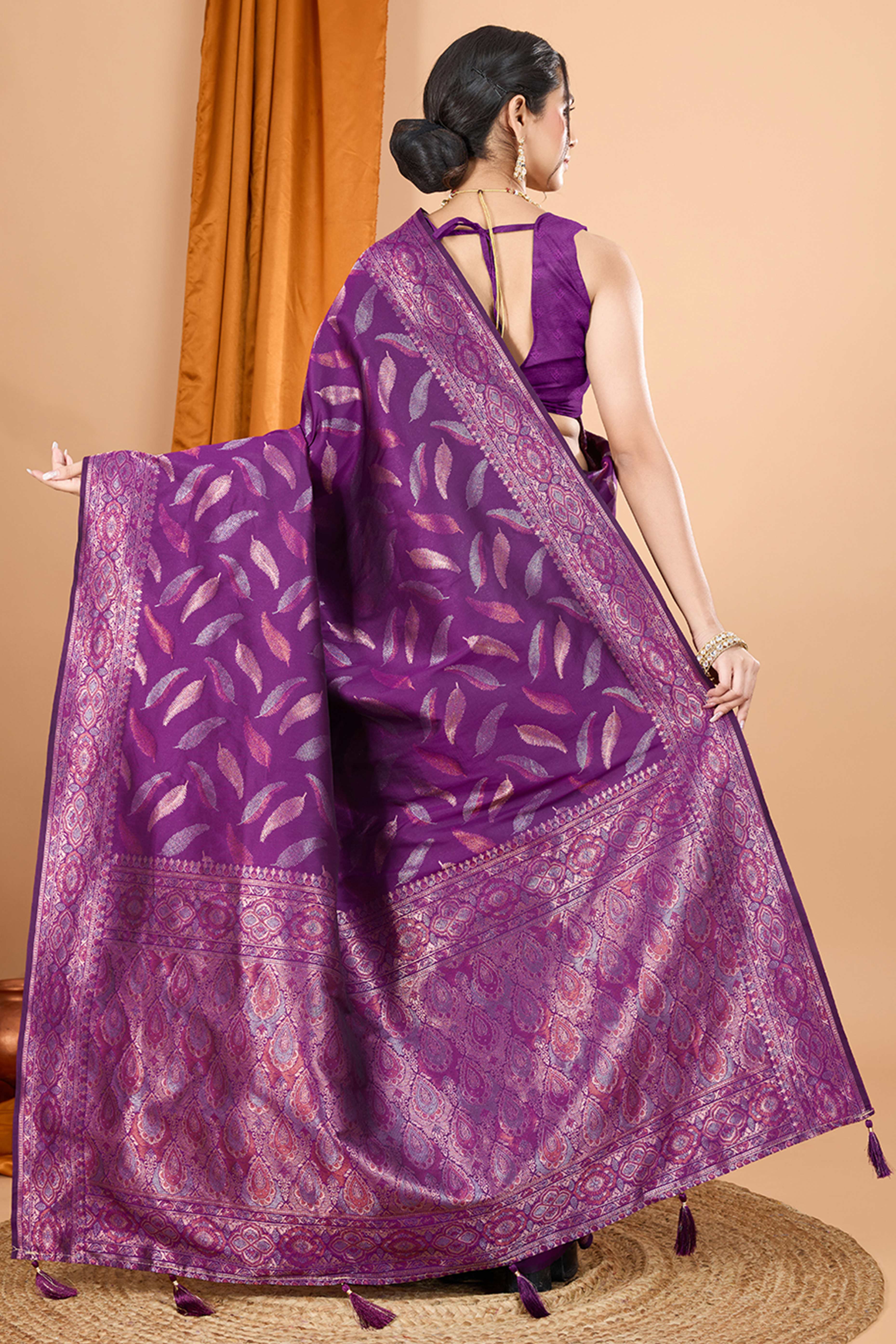 Purple Pure Silk Saree With Intricate Leaf Pattern Zari Weaving & Graceful Tassels