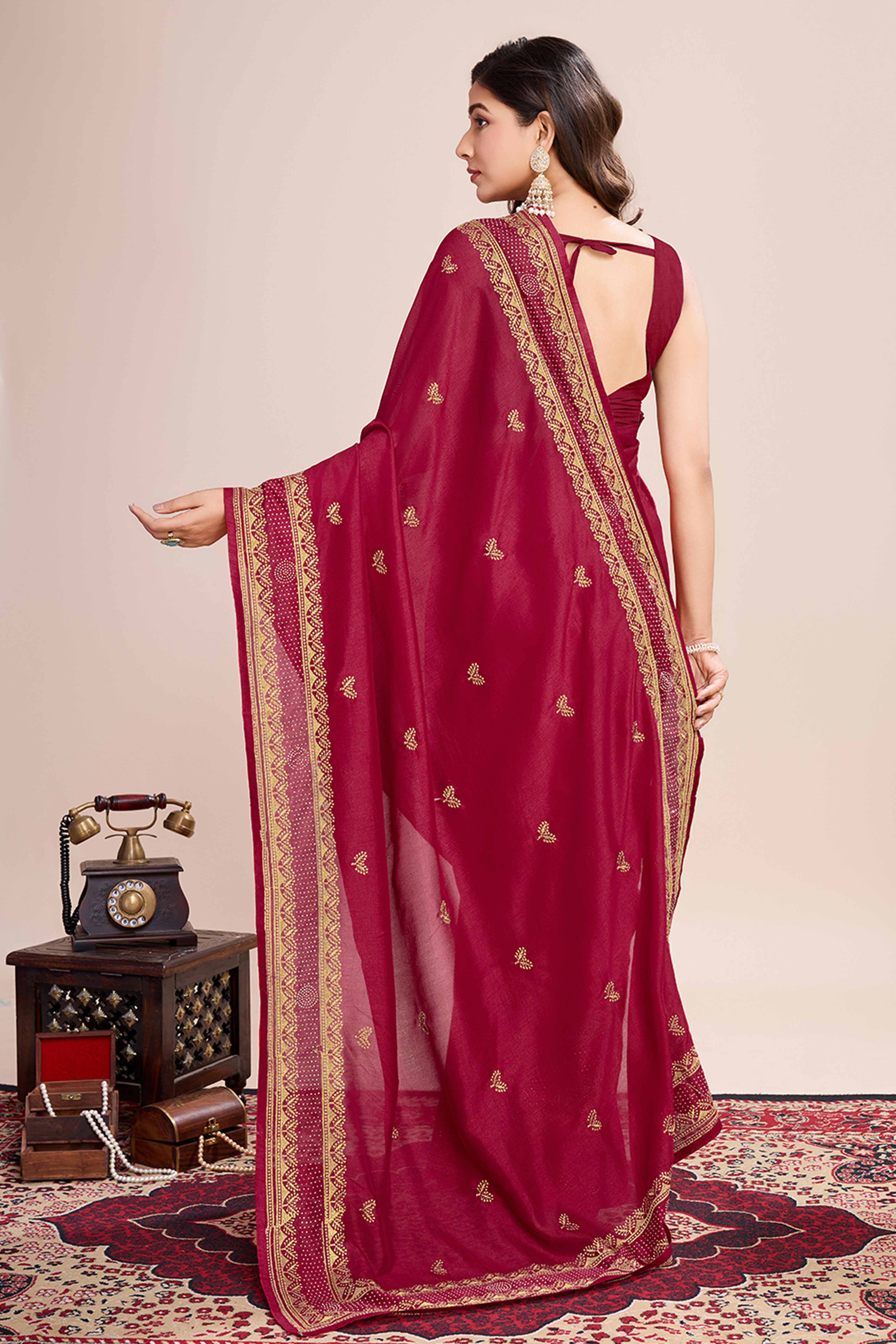 Red Floral Embroidered Vichitra Silk Saree