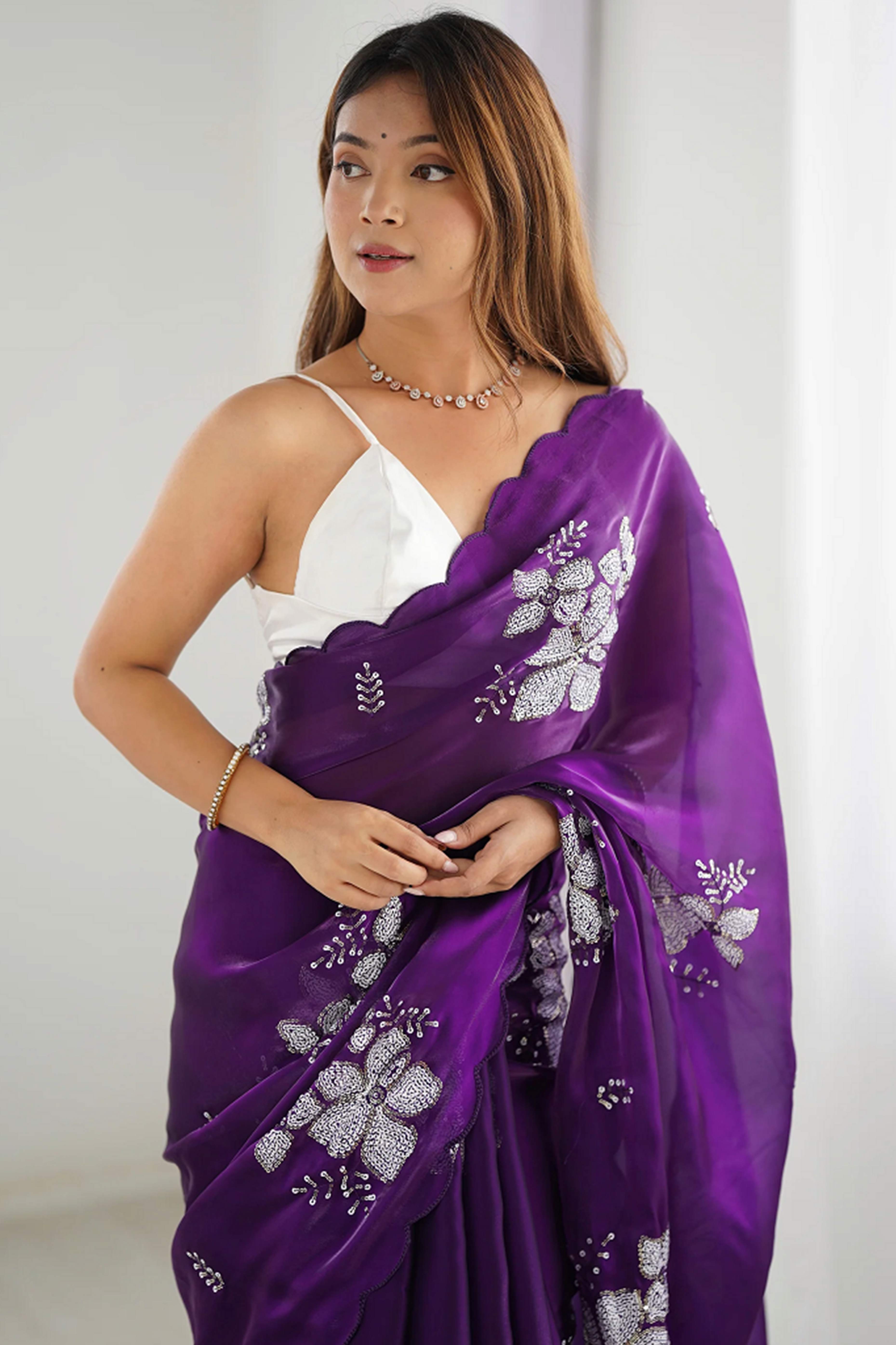 Purple Sequins Floral Embroidered Organza Saree
