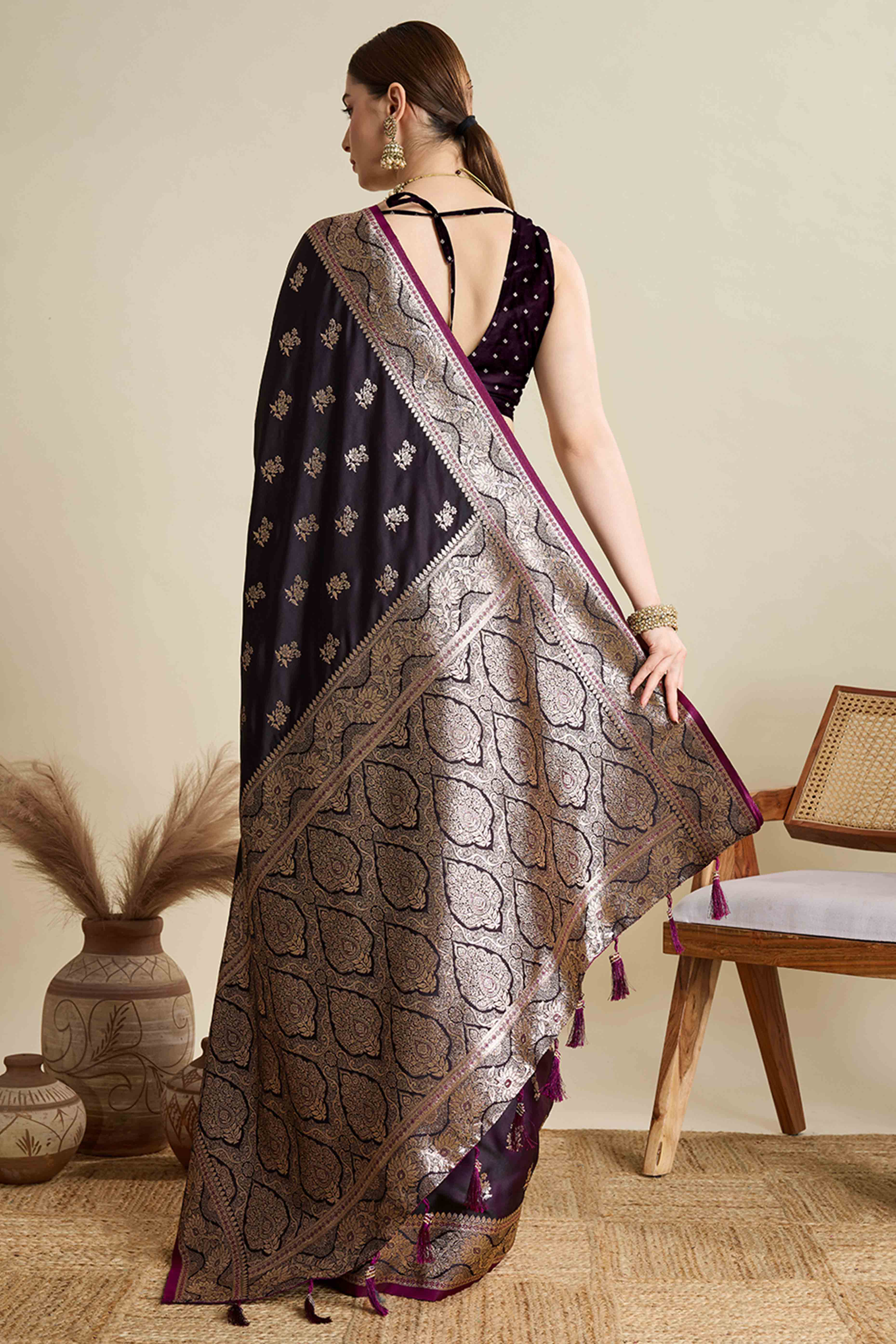 Wine Pure Silk Saree Featuring Traditional Banarasi Zari Weaving Patterns