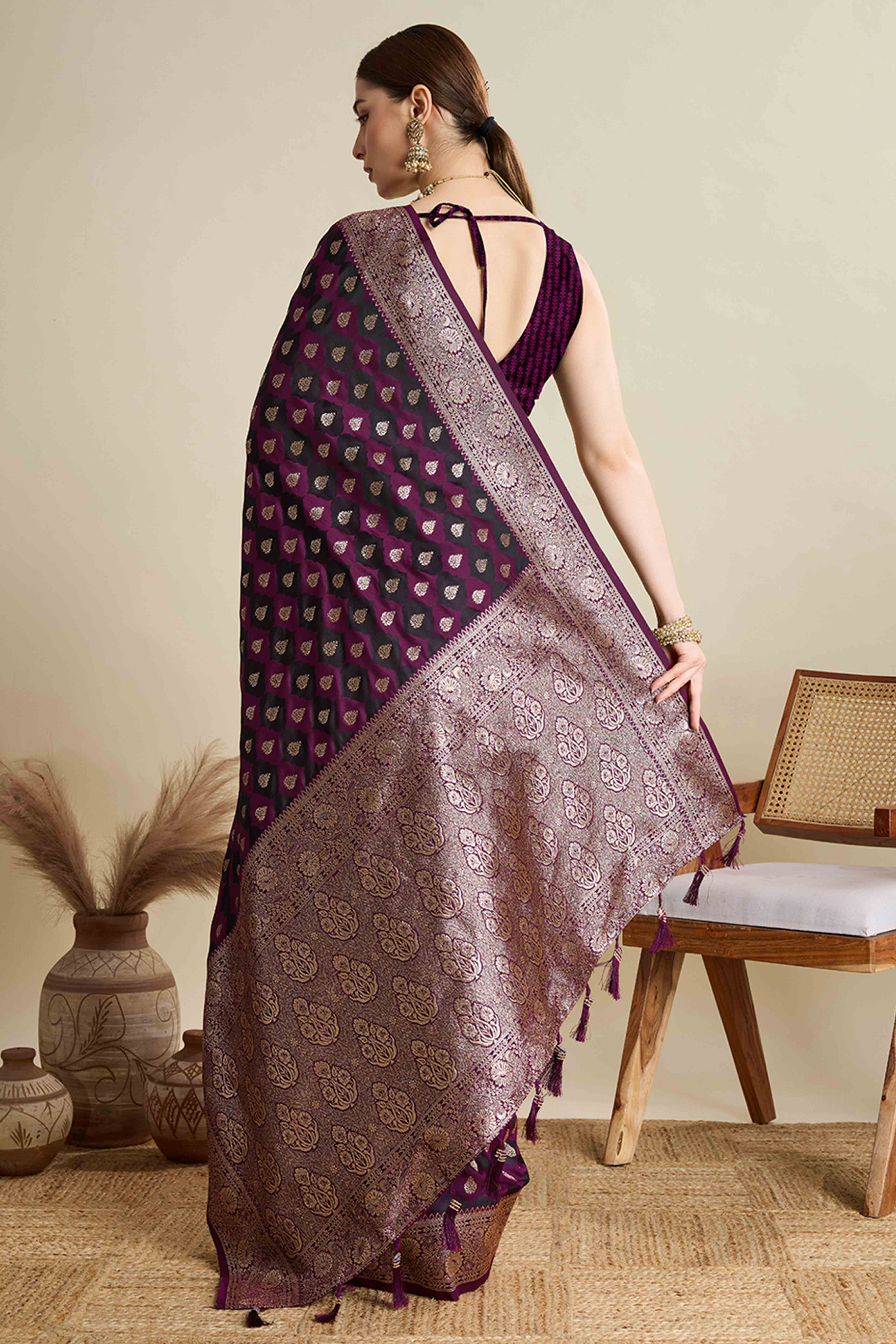 Wine Pure Silk Saree Featuring Traditional Banarasi Zari Weaving Patterns