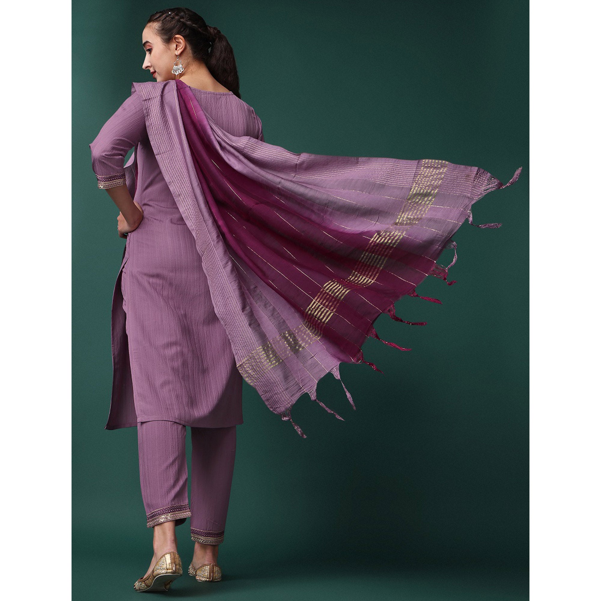 Purple Embroidered Cotton Silk Kurti Set