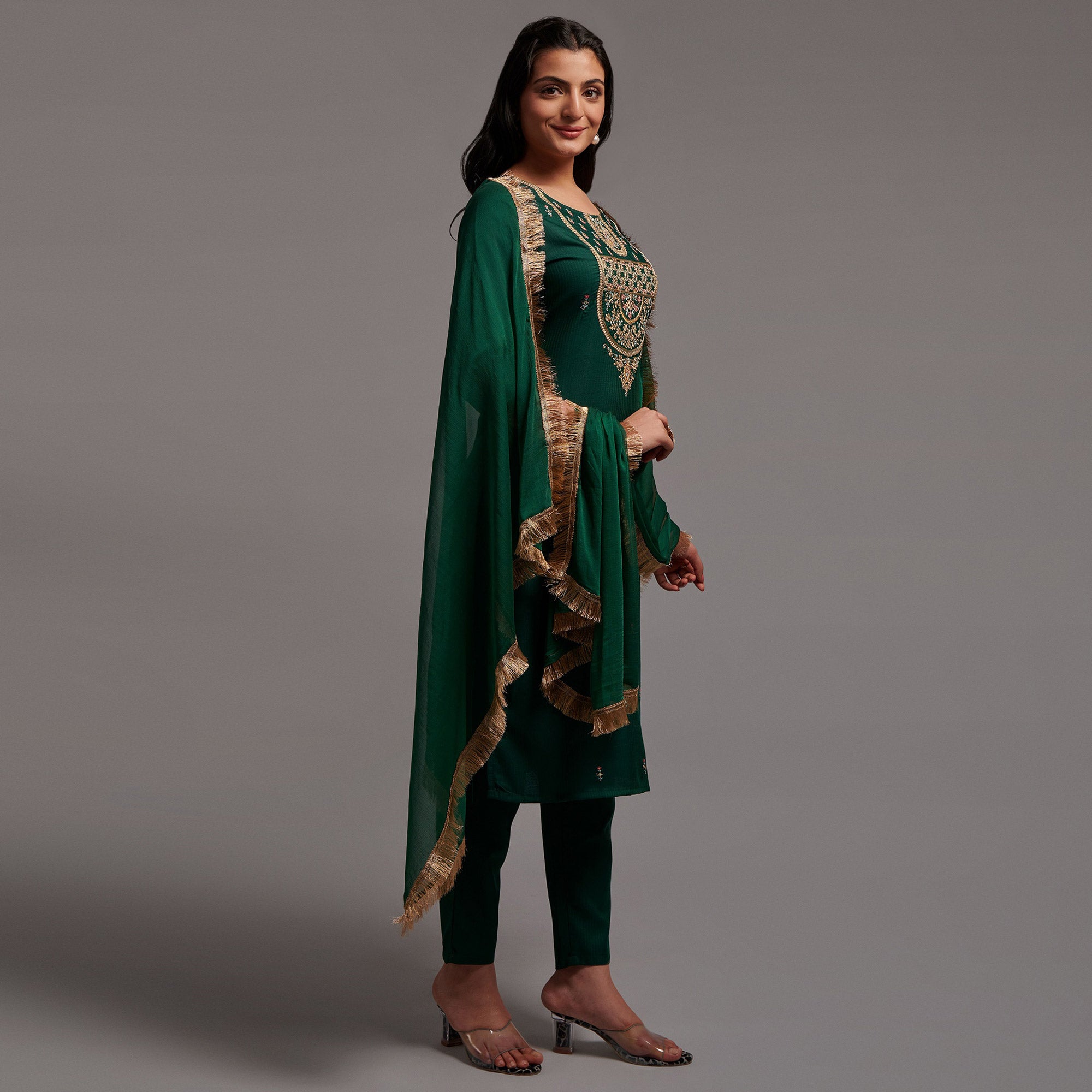 Green Floral Embroidered Viscose Kurti Set