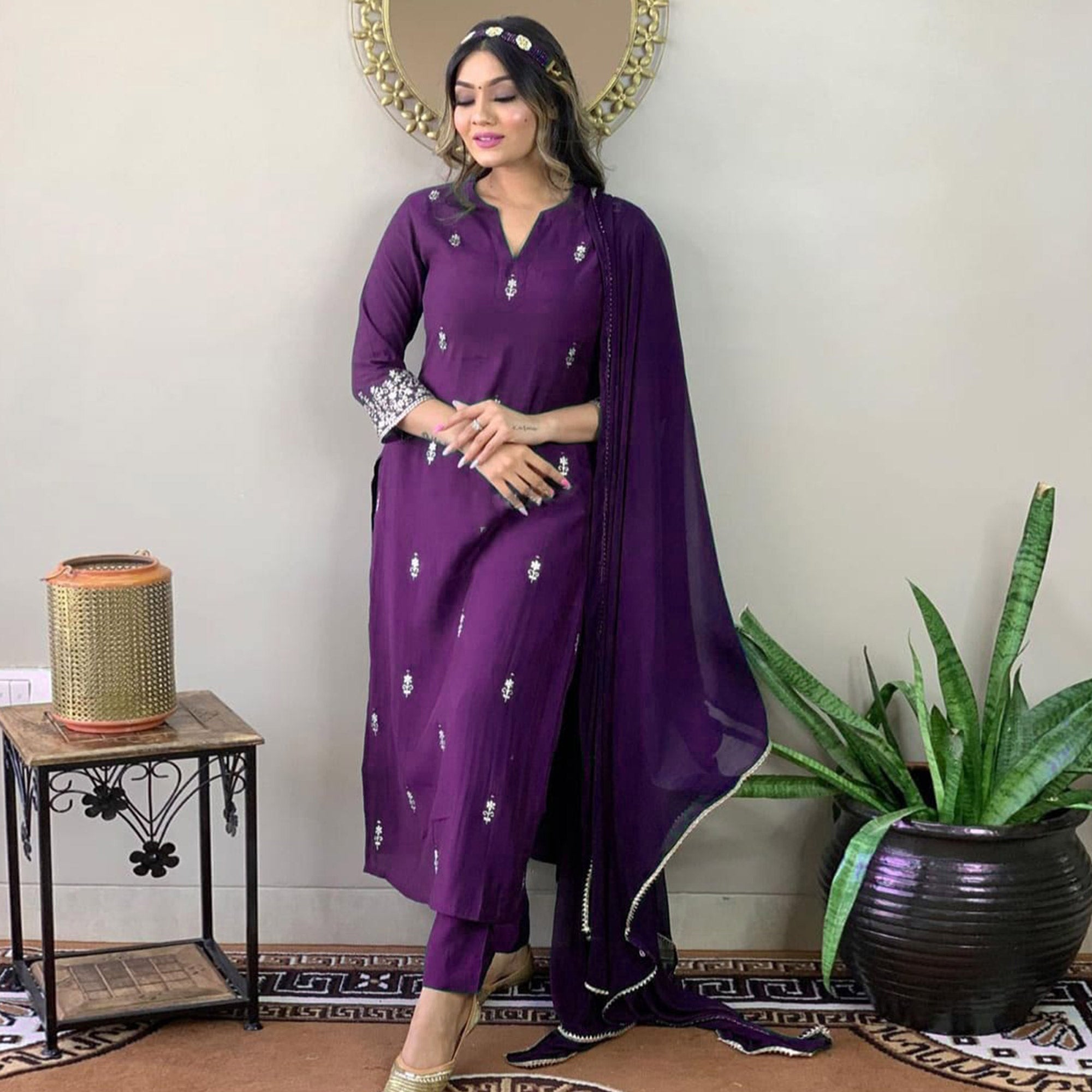 Purple Floral Embroidered Viscose Kurti Set