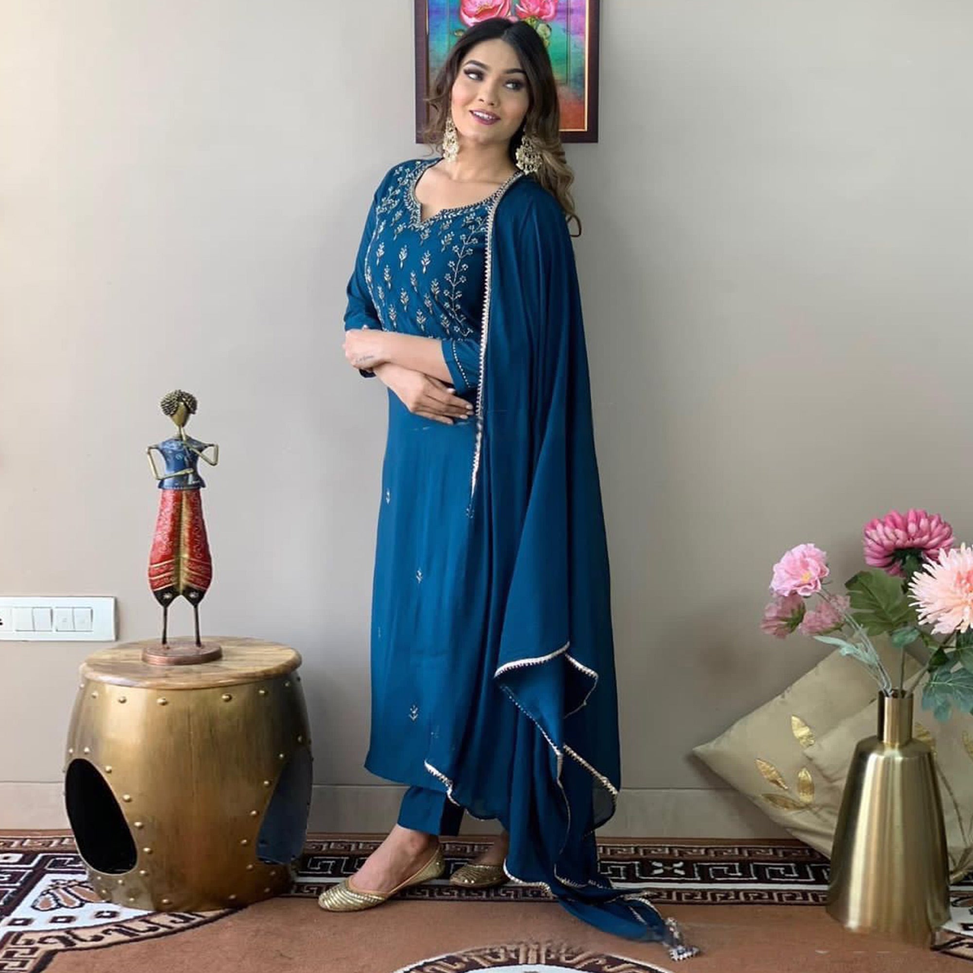 Blue Embroidered Rayon Suit