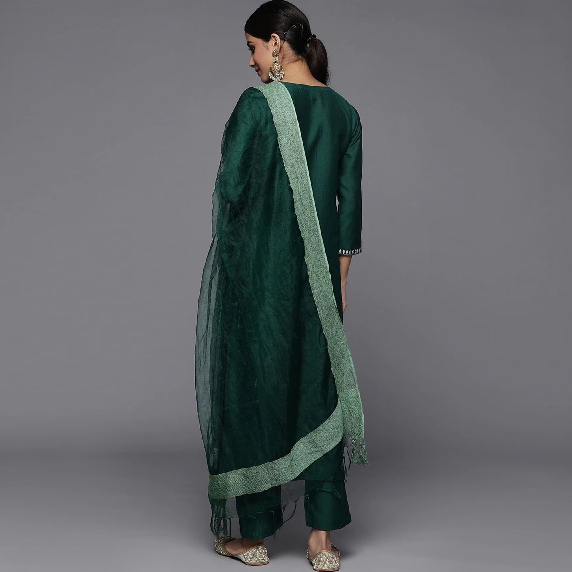 Green Embroidered Rayon Silk Kurti Set