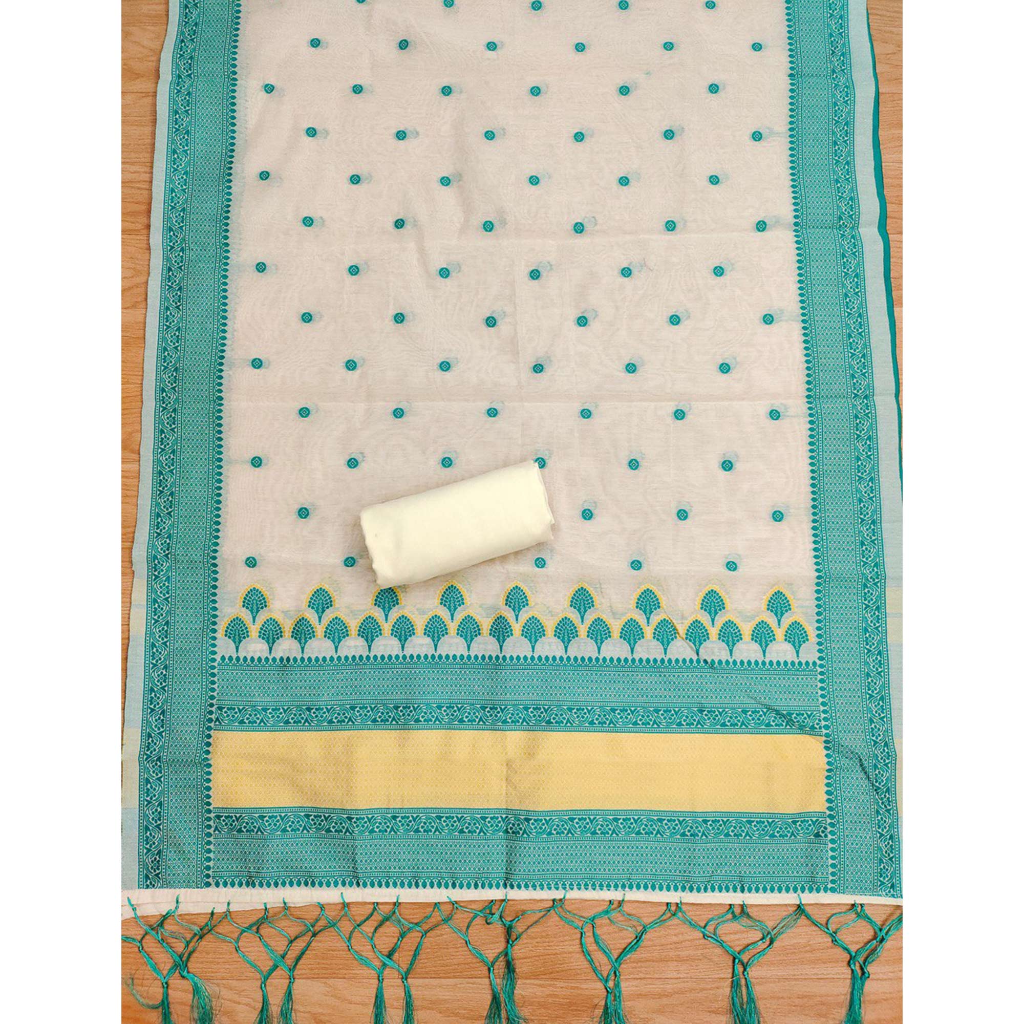 Offwhite & Teal Floral Woven Chanderi Dress Material