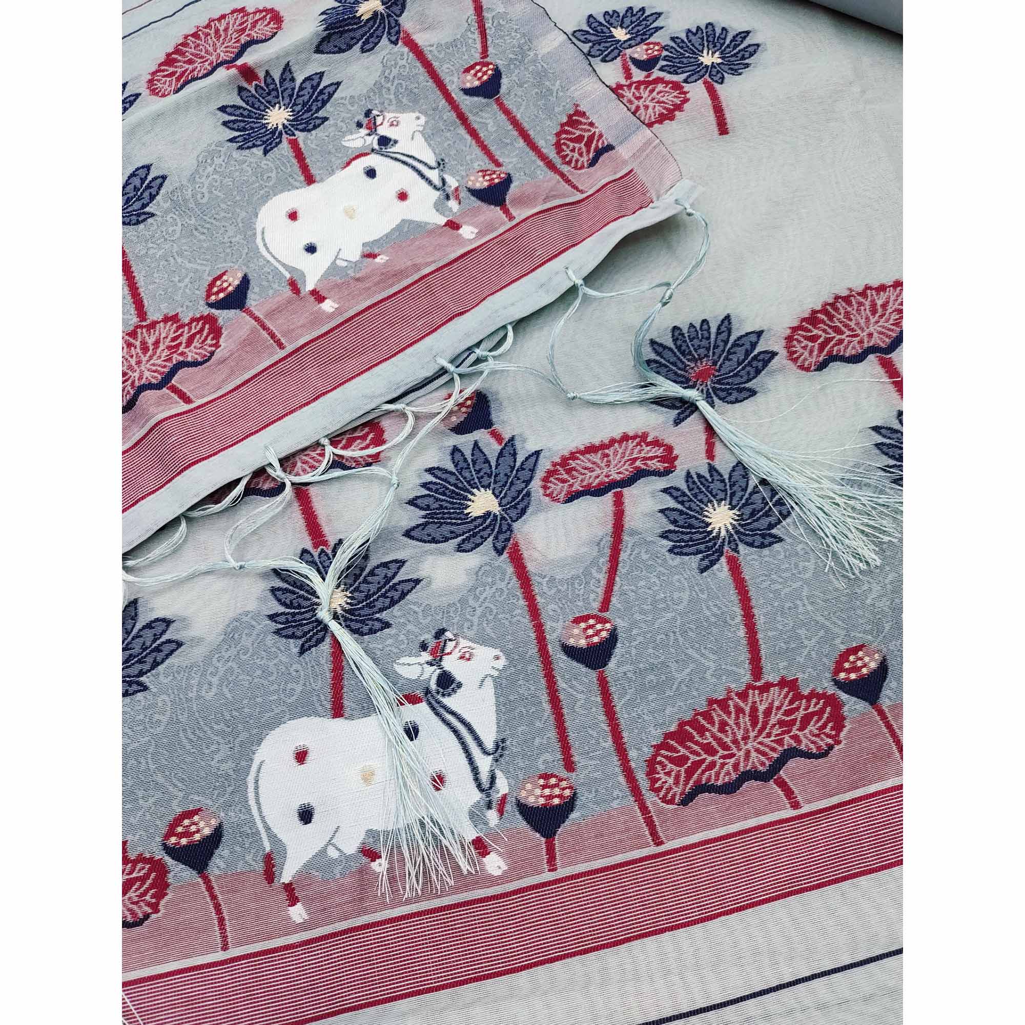 Grey Cotton Blend Dress Material With Intricate Floral Zari Weaving Detail