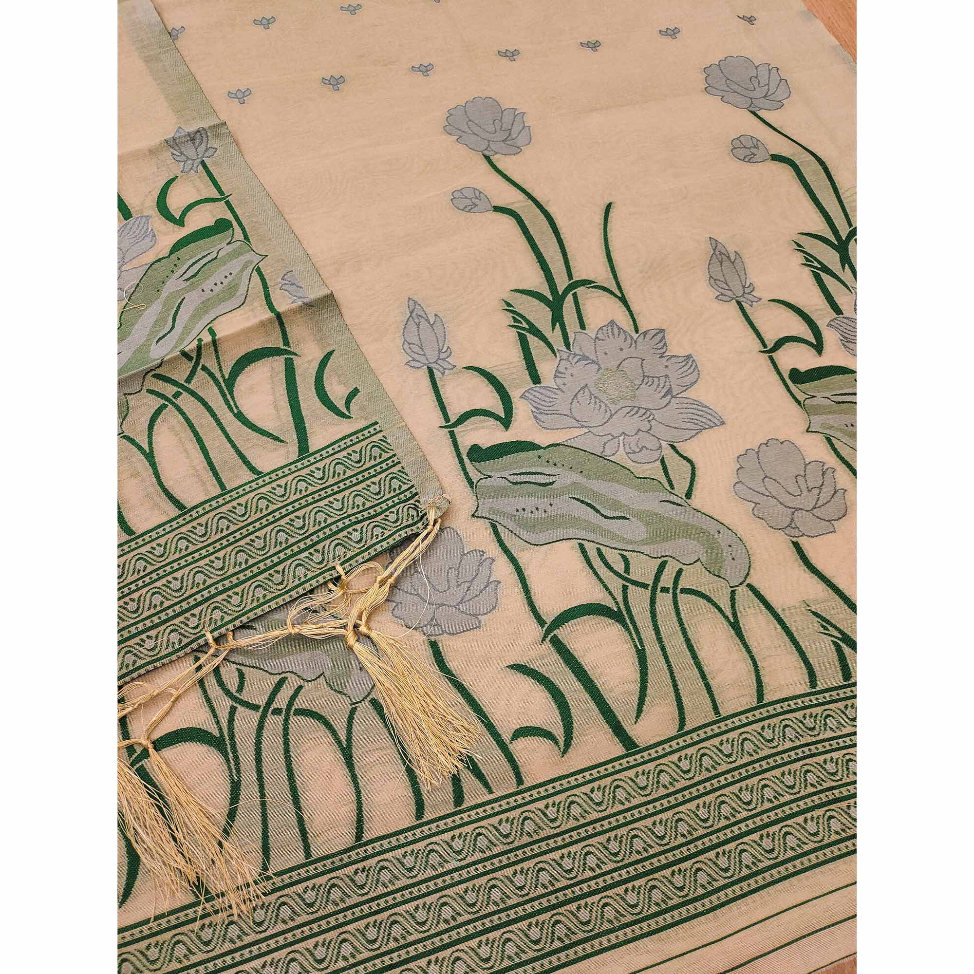 Chikoo Ethnic Dress Material Showcasing Handloom Style Floral Zari Weaving