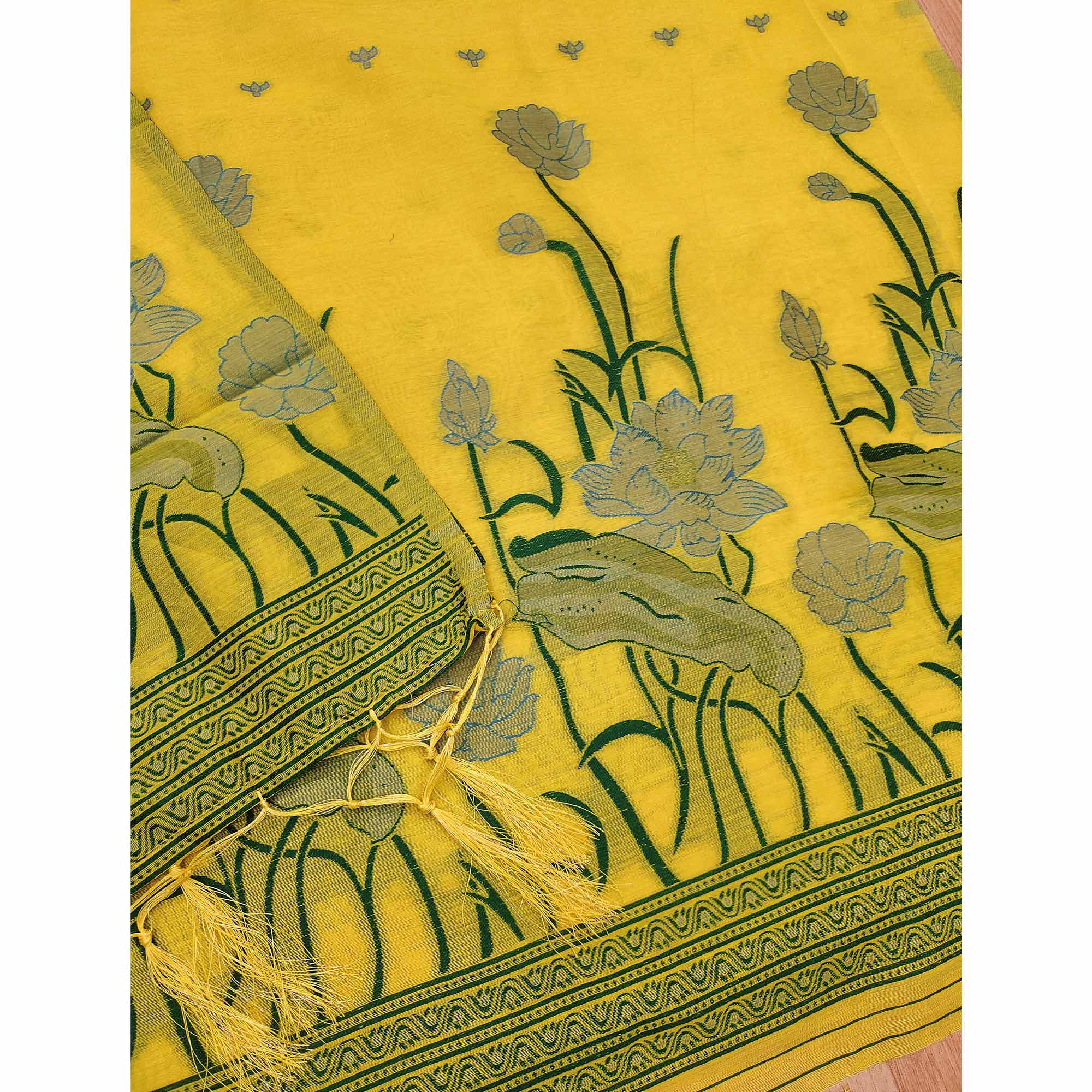 Yellow Ethnic Dress Material Showcasing Handloom Style Floral Zari Weaving