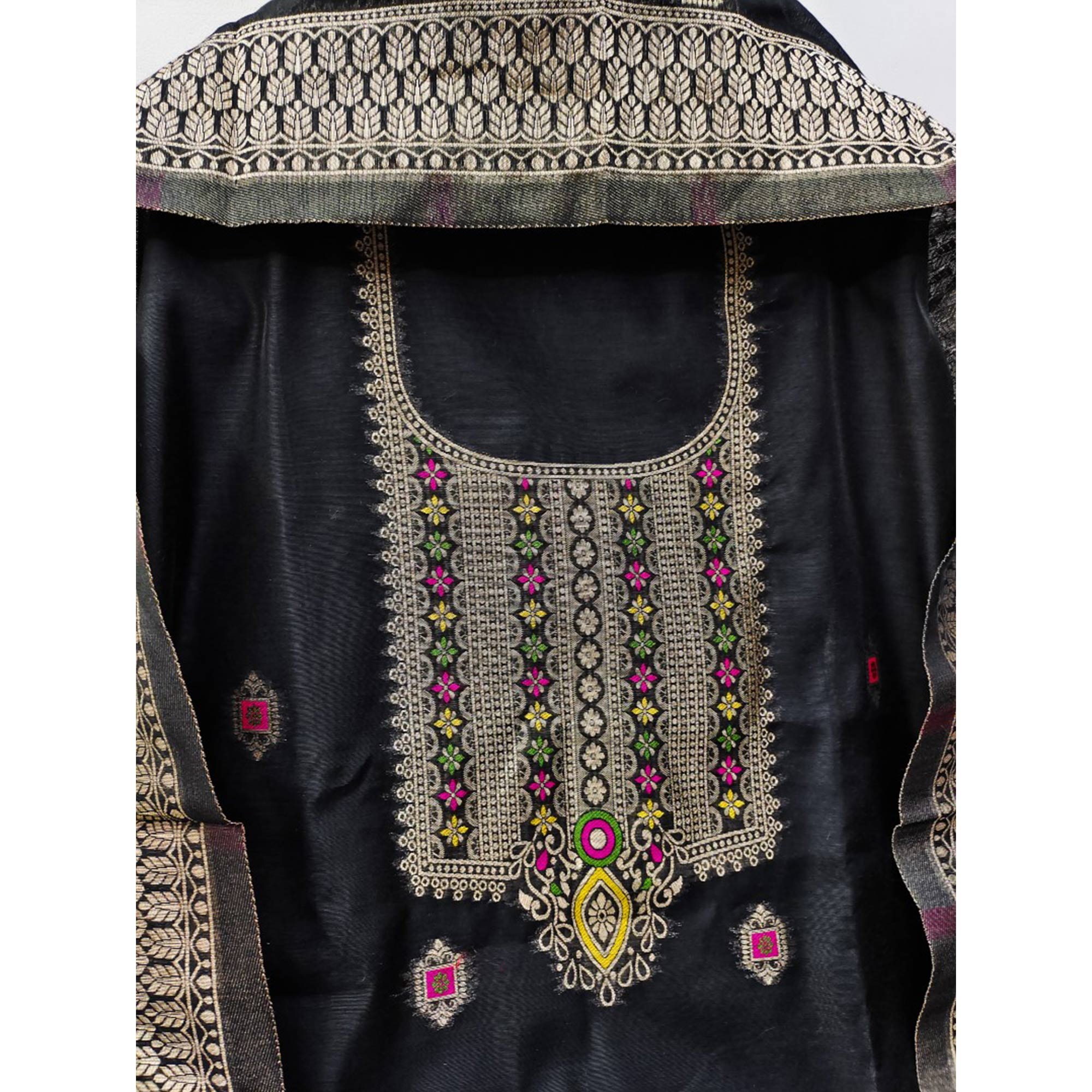 Black Floral Woven Chanderi Dress Material