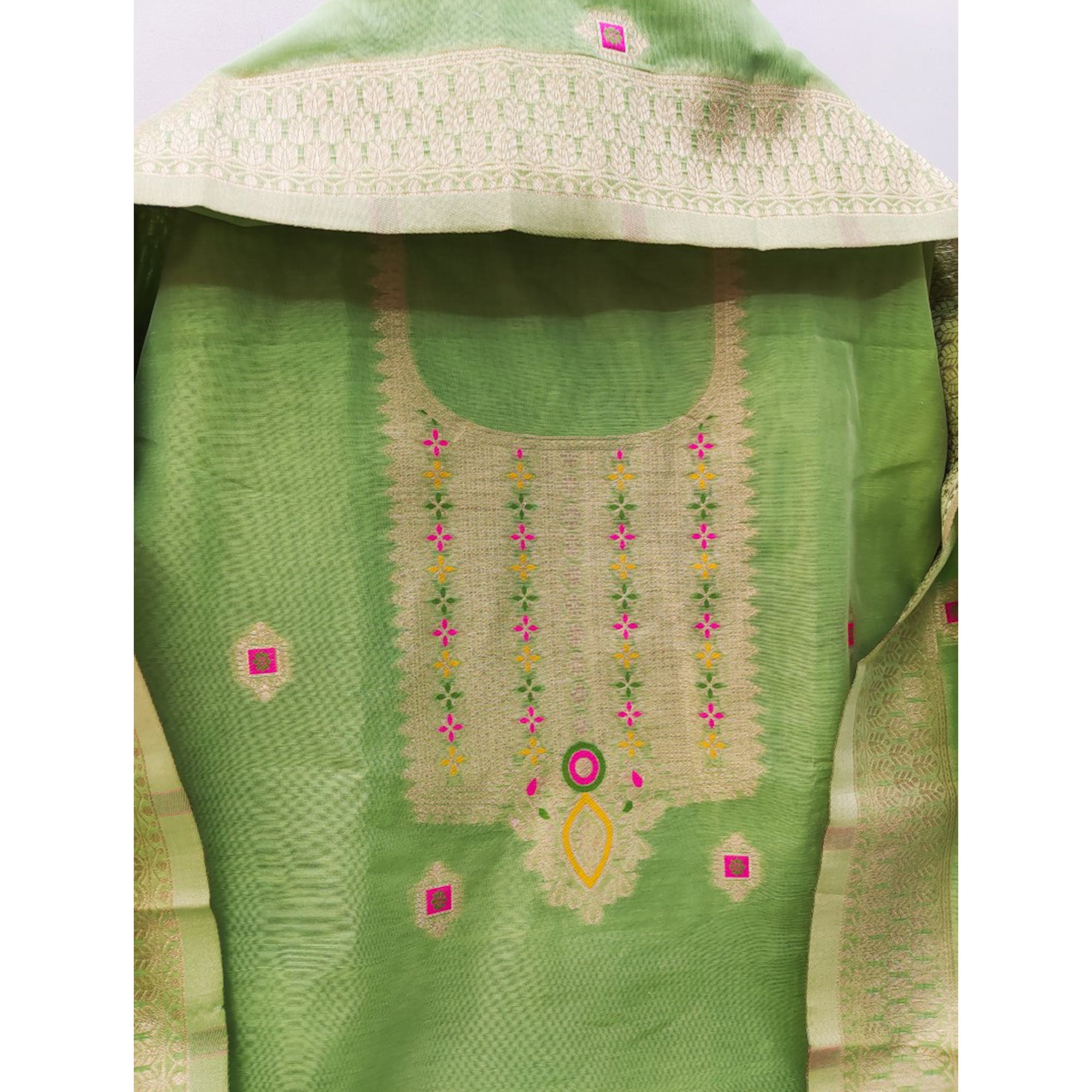 Light Green Floral Woven Chanderi Dress Material