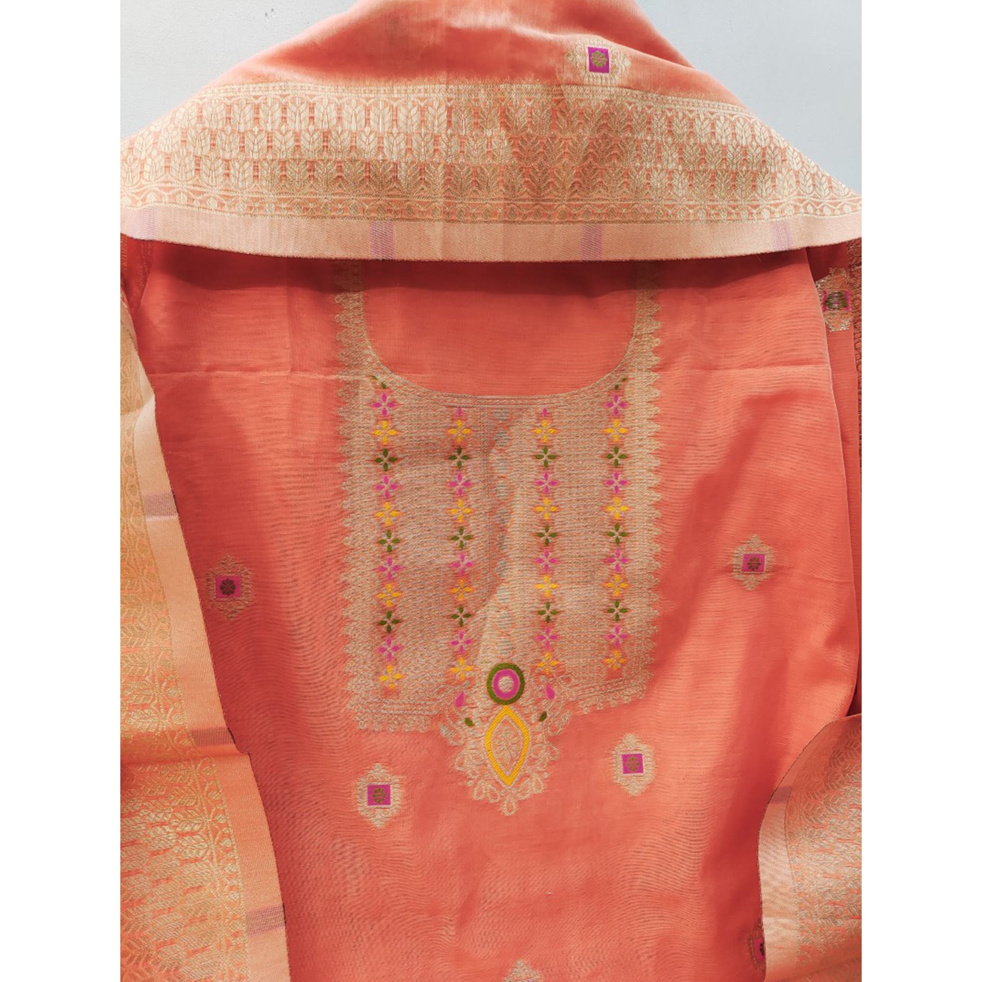 Peach Floral Woven Chanderi Dress Material