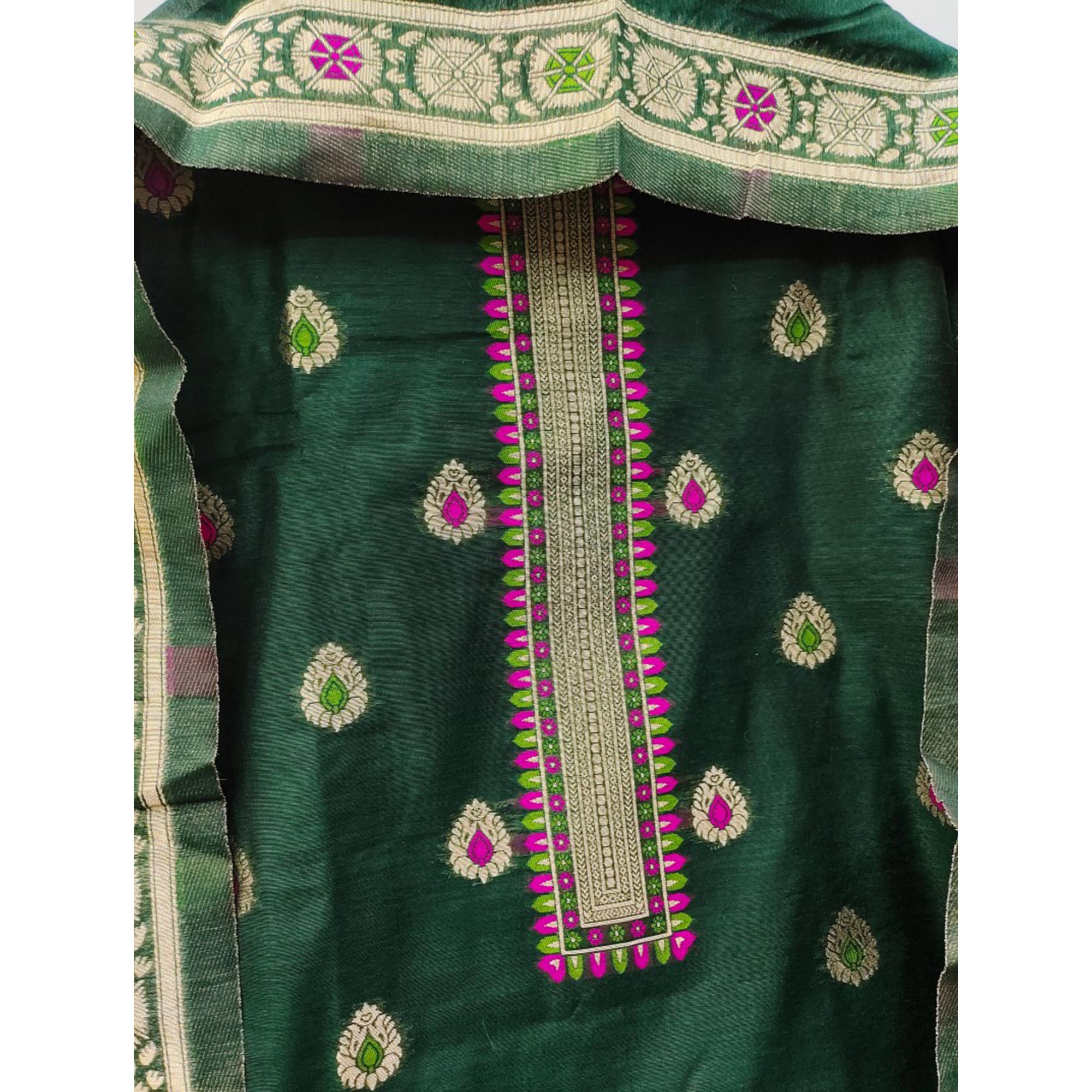 Bottle Green Floral Woven Chanderi Dress Material