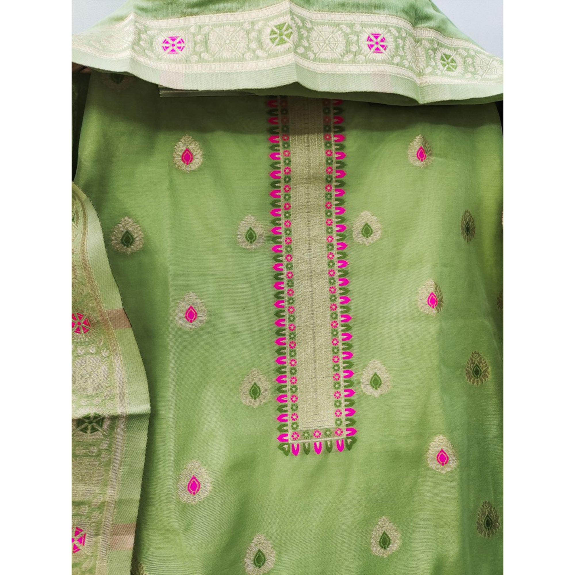 Light Green Floral Woven Chanderi Dress Material