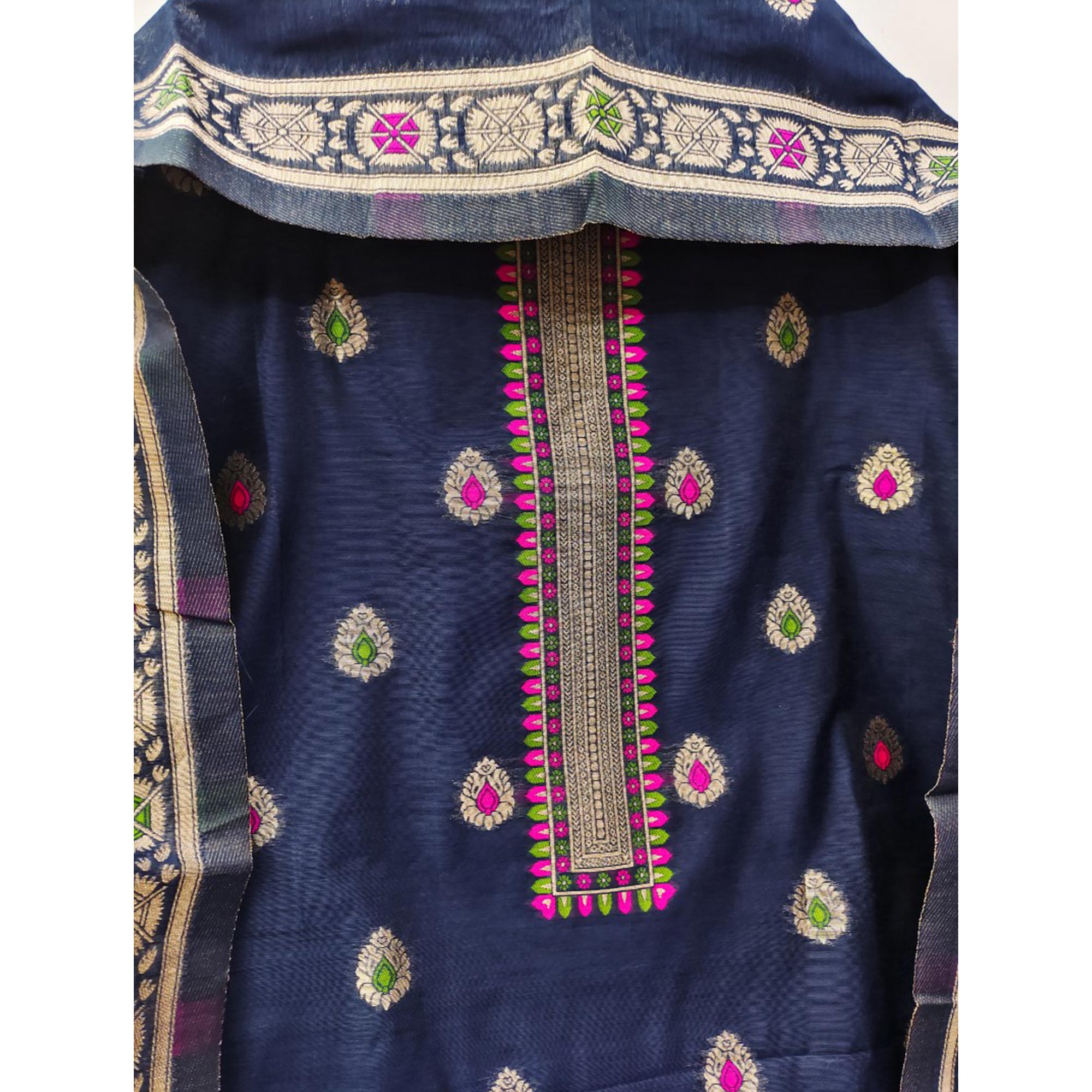 Navy Blue Floral Woven Chanderi Dress Material