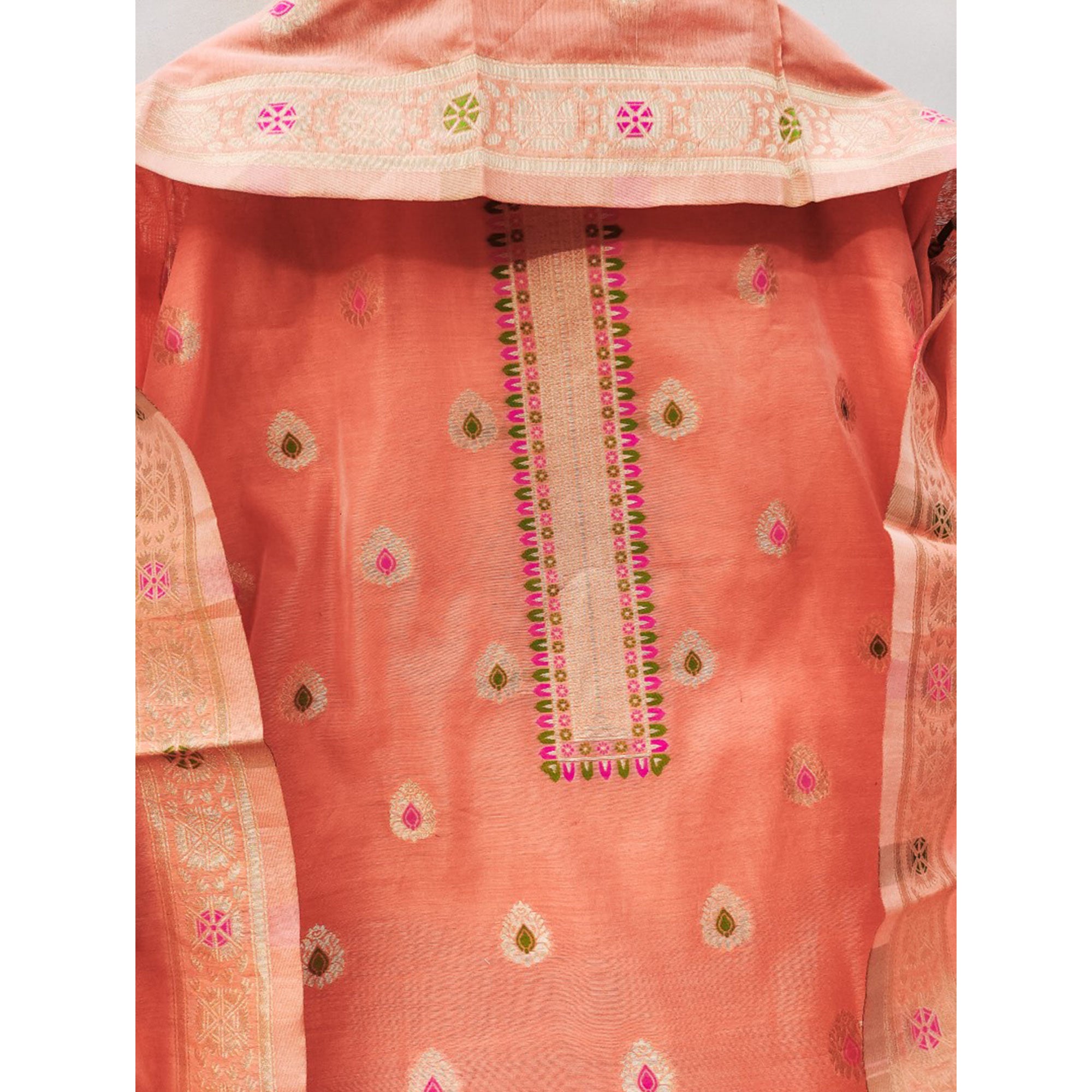 Peach Floral Woven Chanderi Dress Material