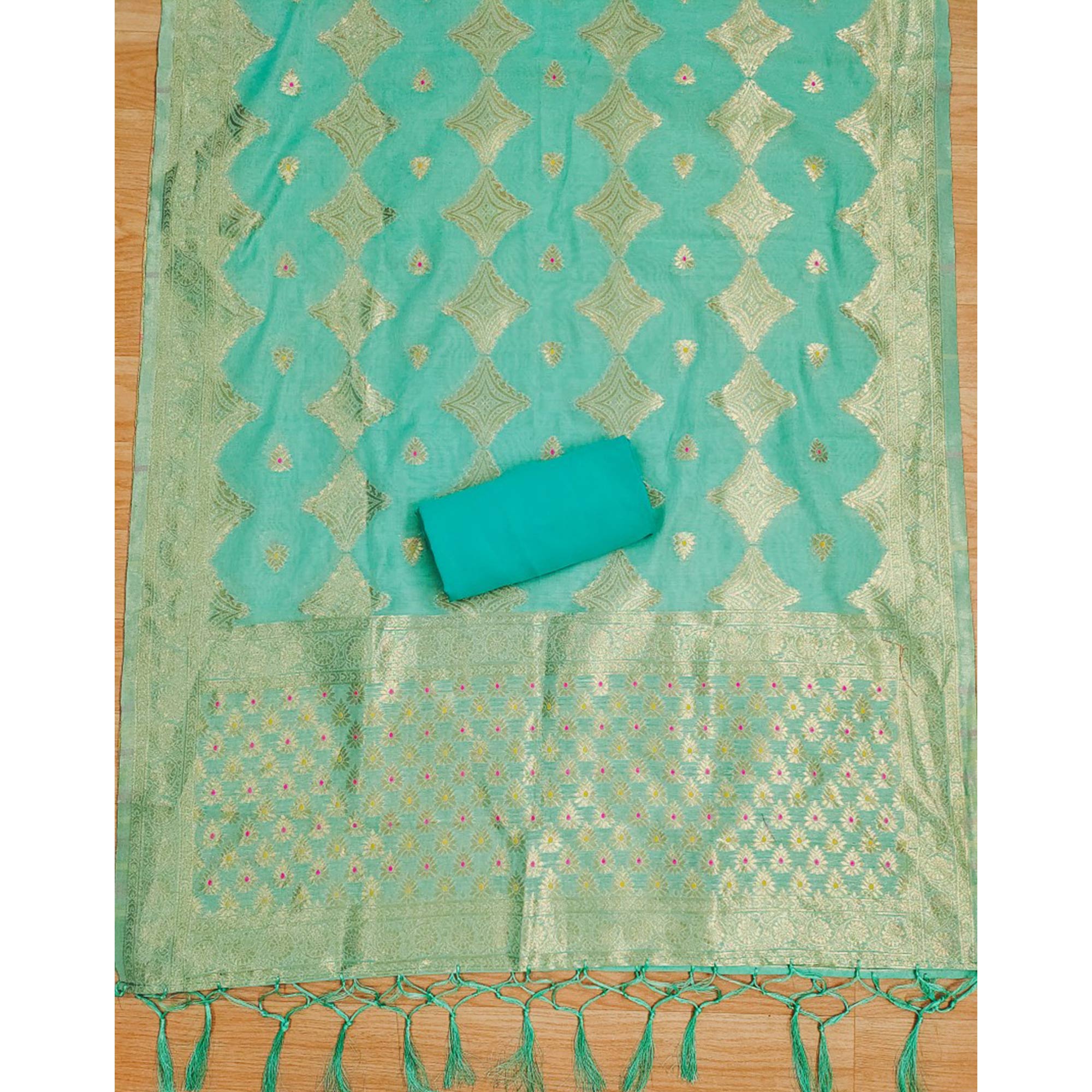 Rama Green Woven Chanderi Dress Material