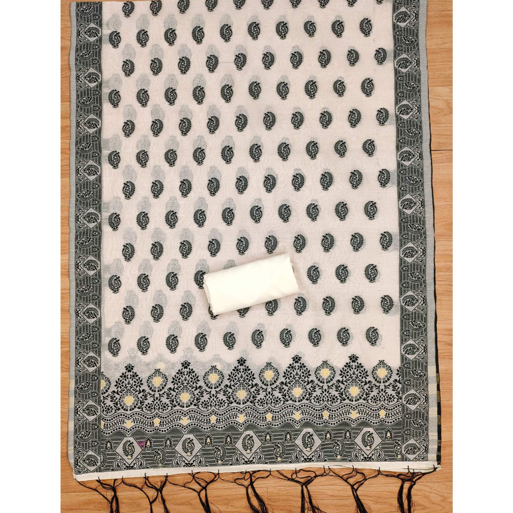 Offwhite & Black Floral Woven Chanderi Dress Material
