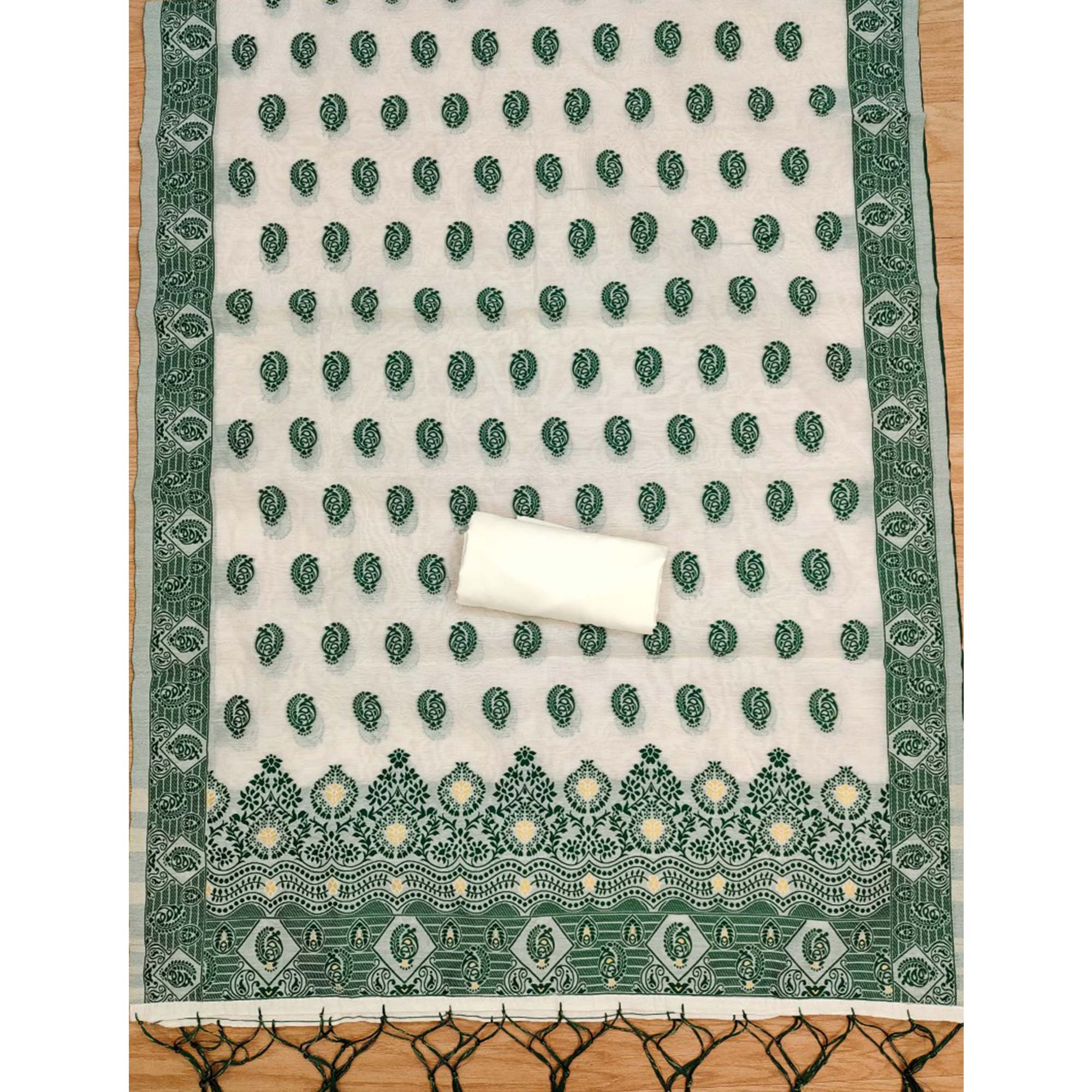 Offwhite & Green Floral Woven Chanderi Dress Material