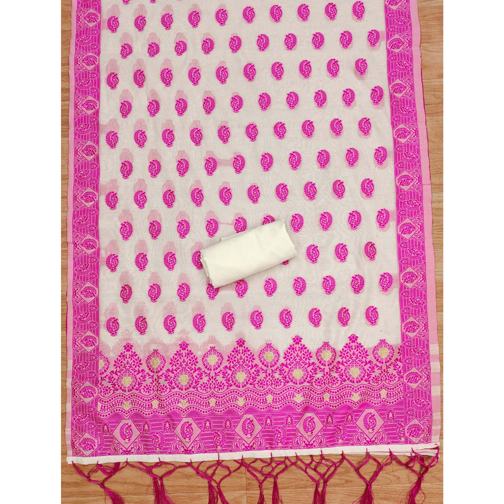 Offwhite & Pink Floral Woven Chanderi Dress Material