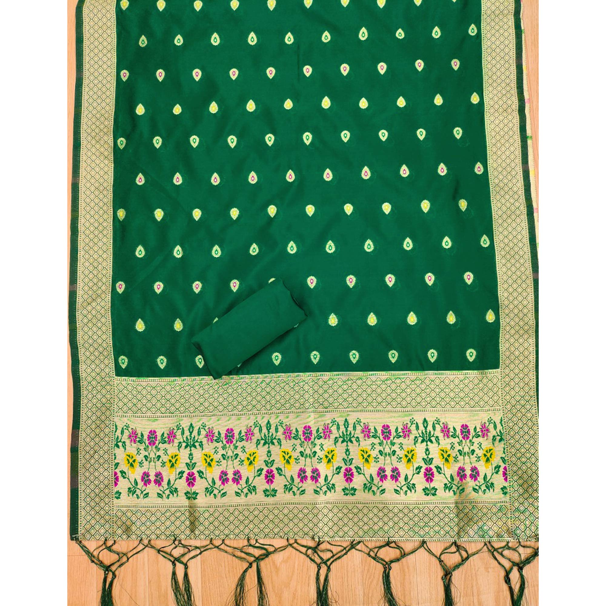 Green Floral Zari Woven Banarasi Silk Dress Material