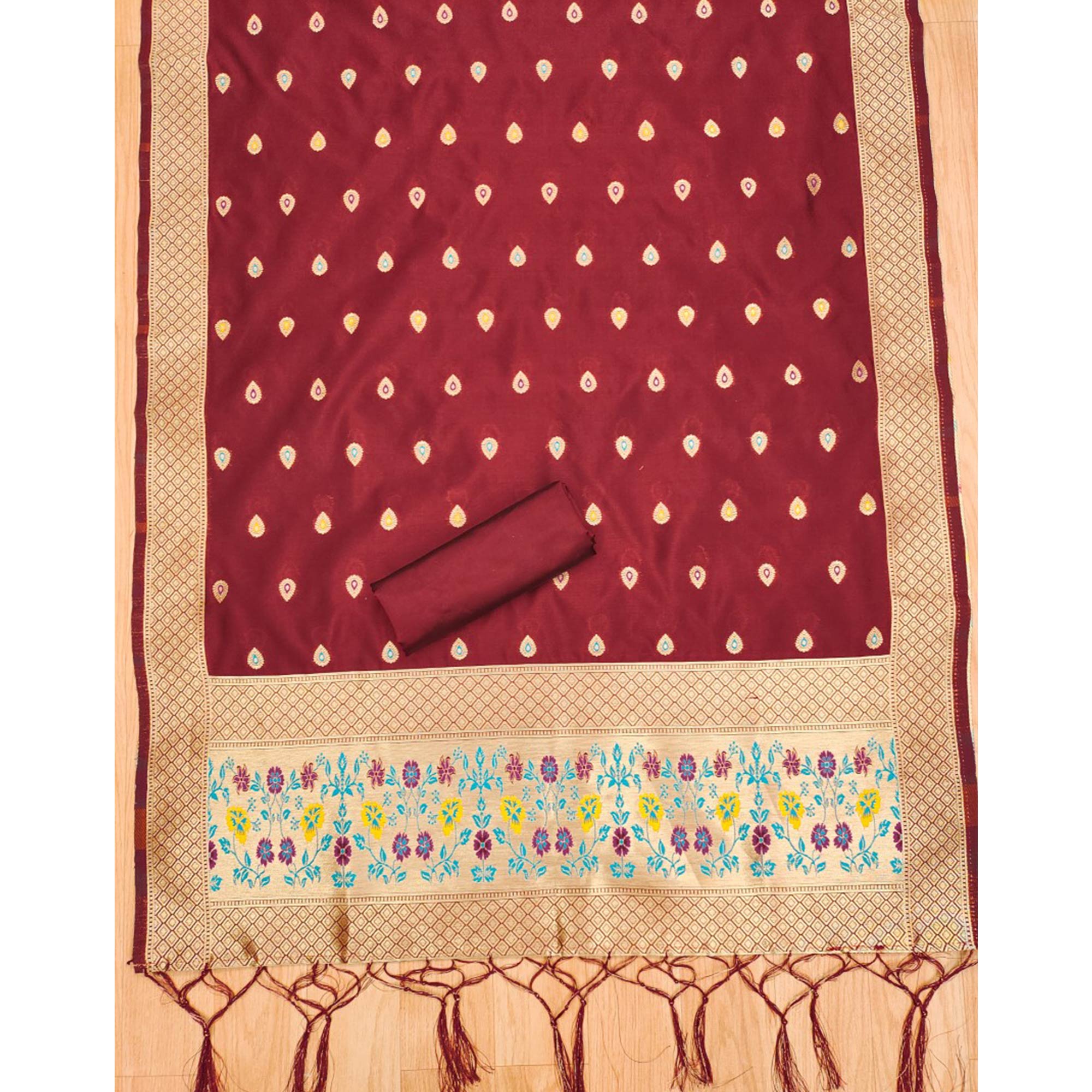 Maroon Floral Zari Woven Banarasi Silk Dress Material