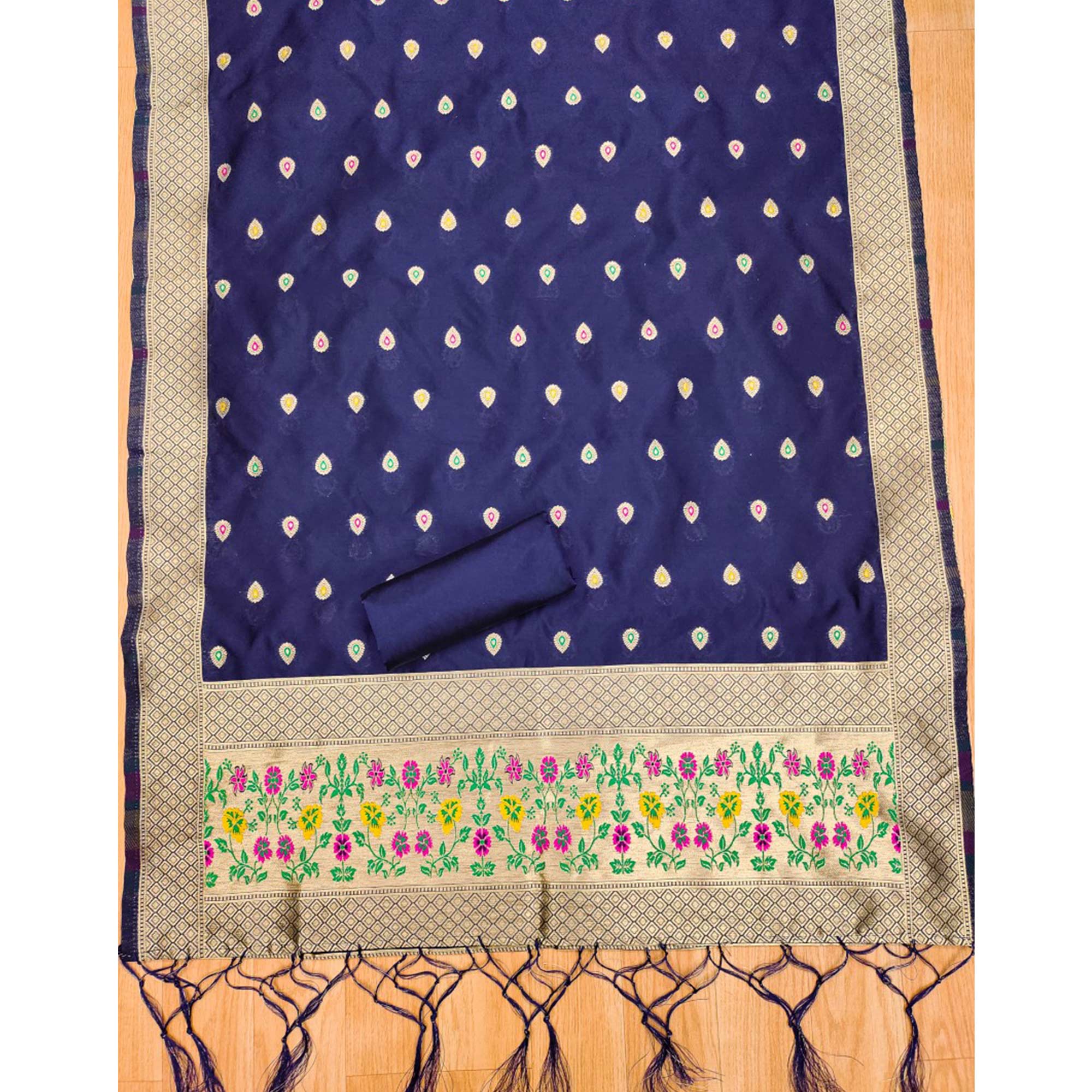 Navy Blue Floral Zari Woven Banarasi Silk Dress Material
