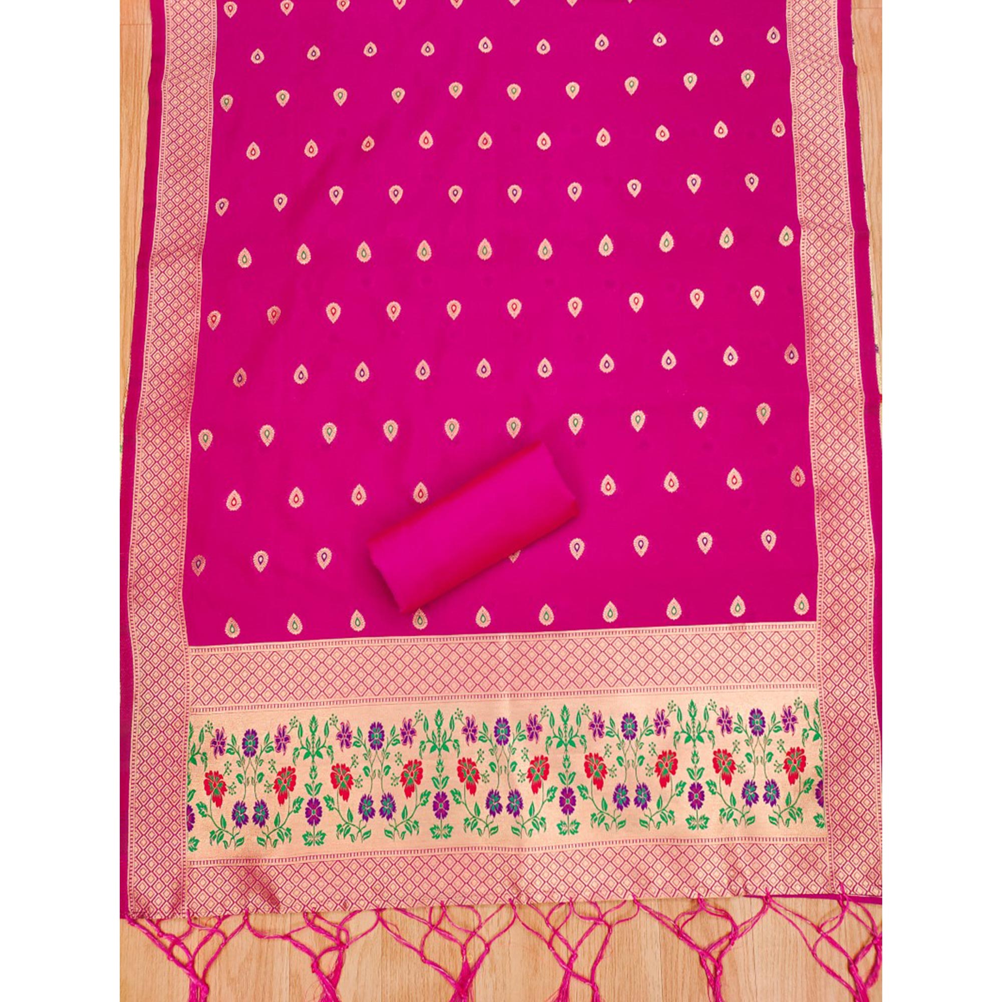 Pink Floral Zari Woven Banarasi Silk Dress Material
