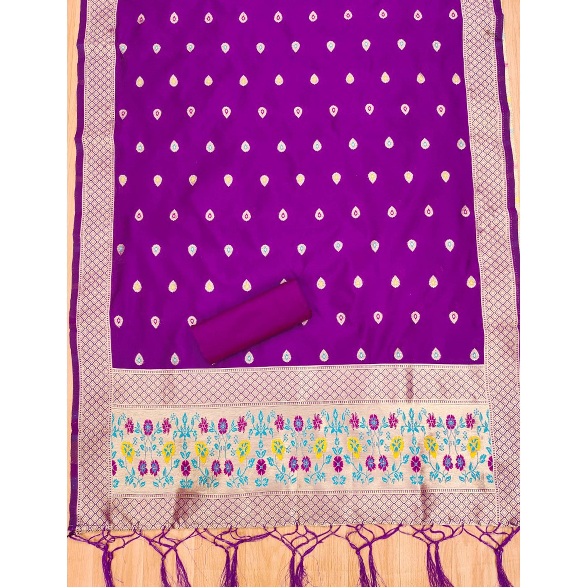 Purple Floral Zari Woven Banarasi Silk Dress Material